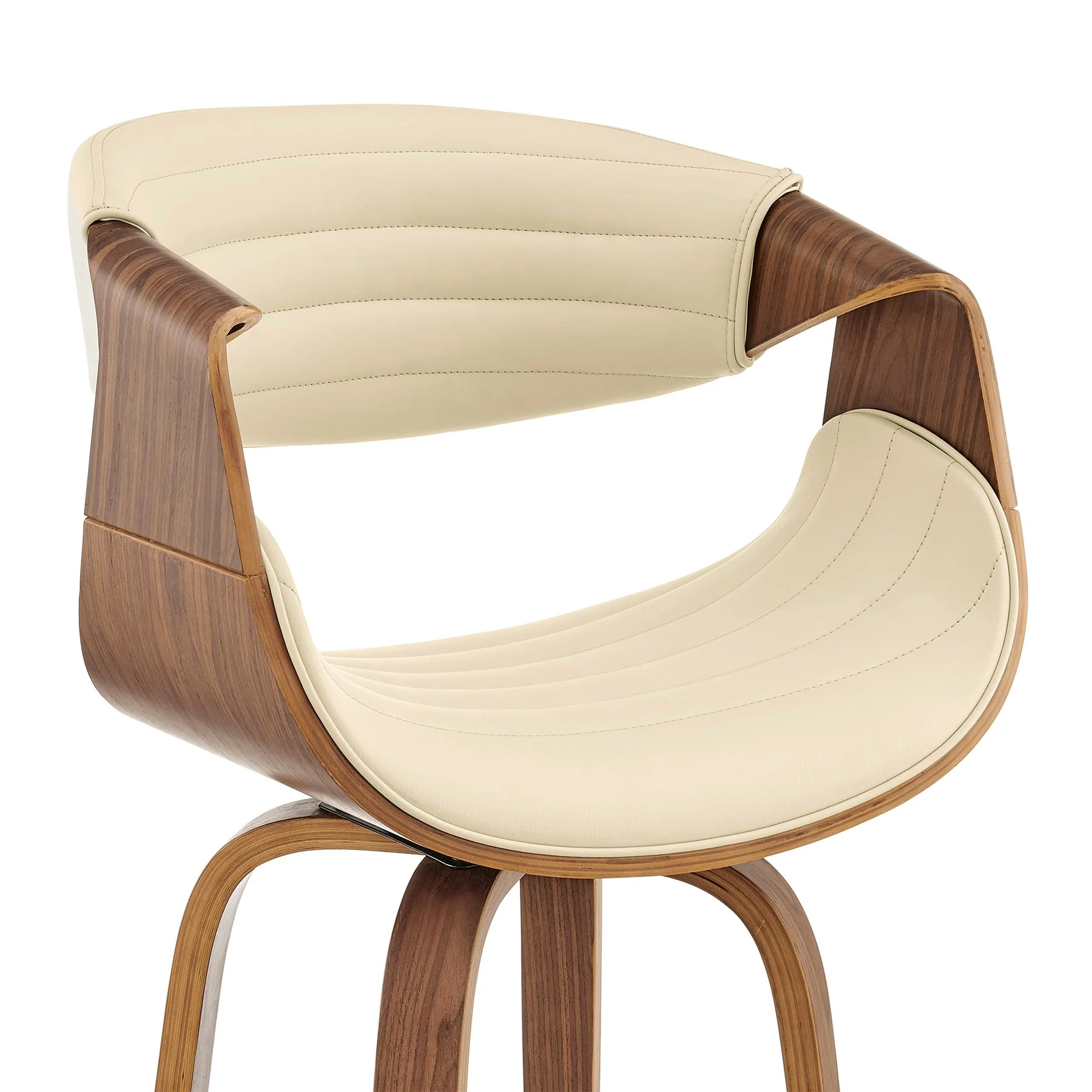 Arya 30" Swivel Bar Stool in Cream Faux Leather and Walnut Wood - Image 6