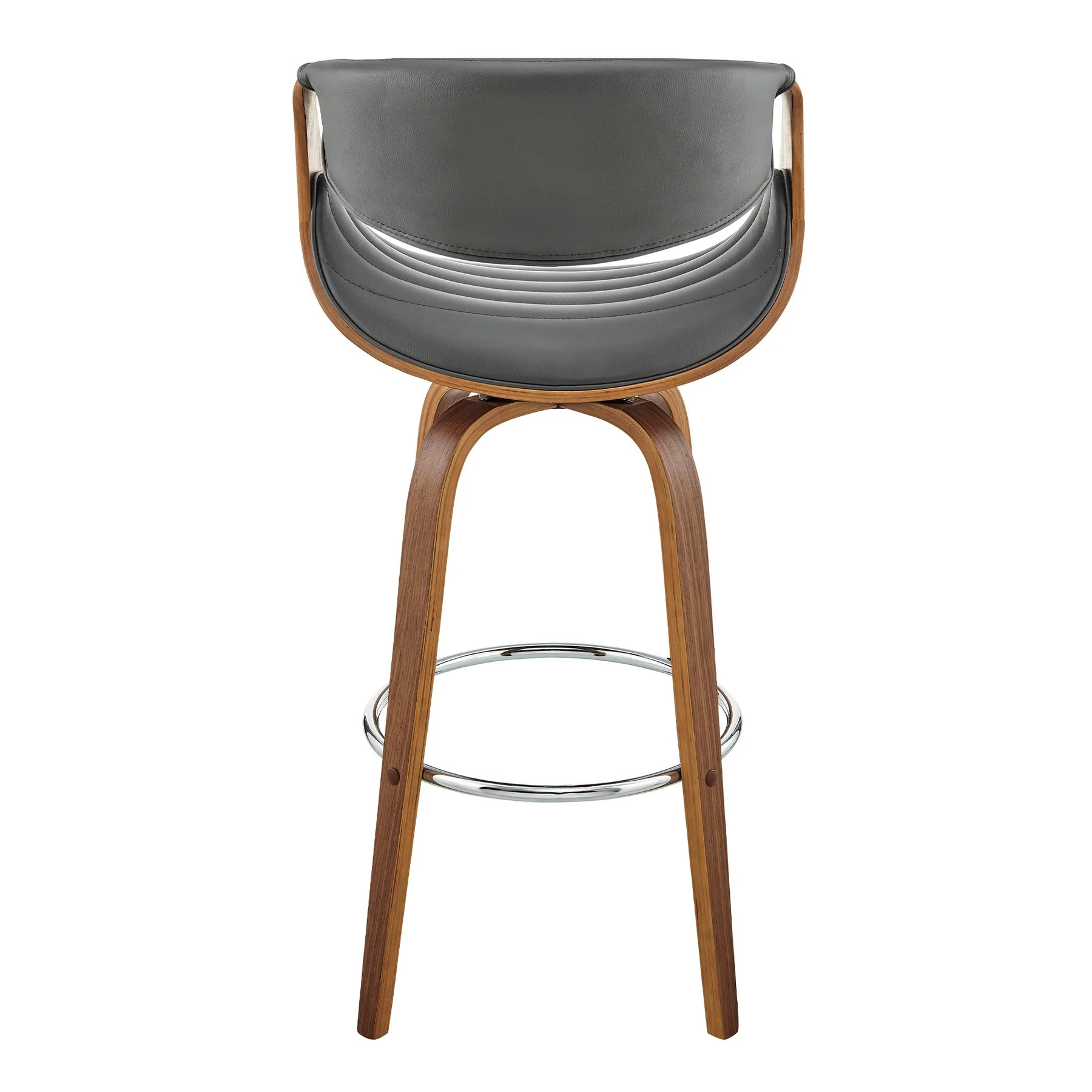 Arya 30" Swivel Bar Stool in Gray Faux Leather and Walnut Wood - Image 5
