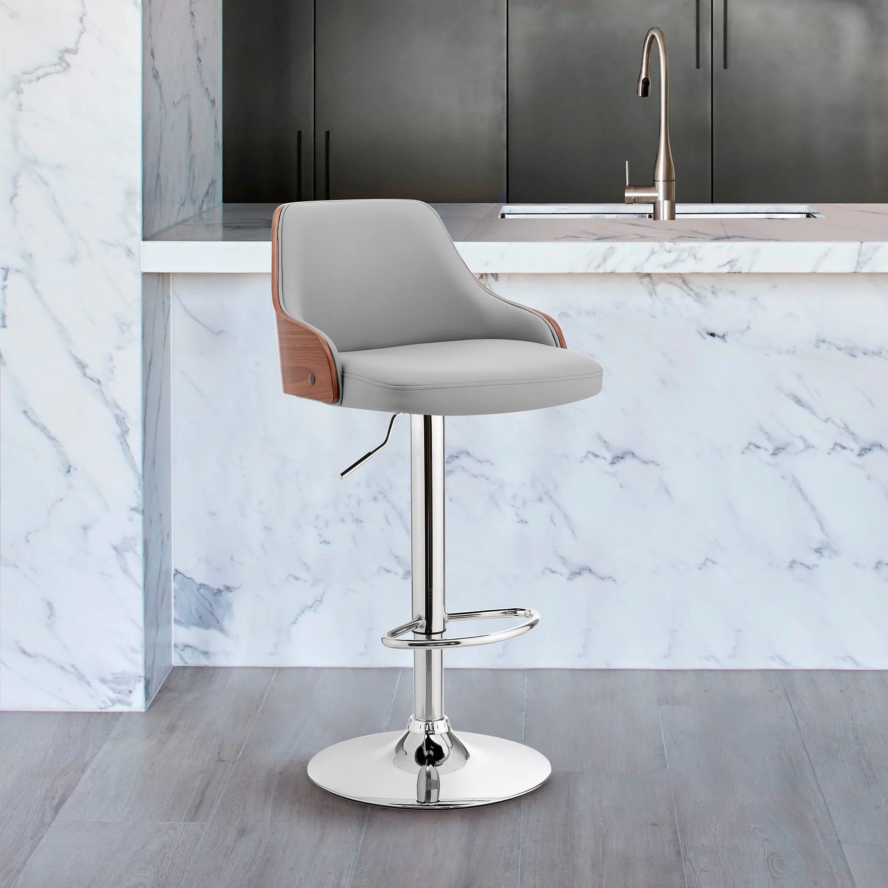 Asher Adjustable Gray Faux Leather and Chrome Finish Bar Stool - Image 11