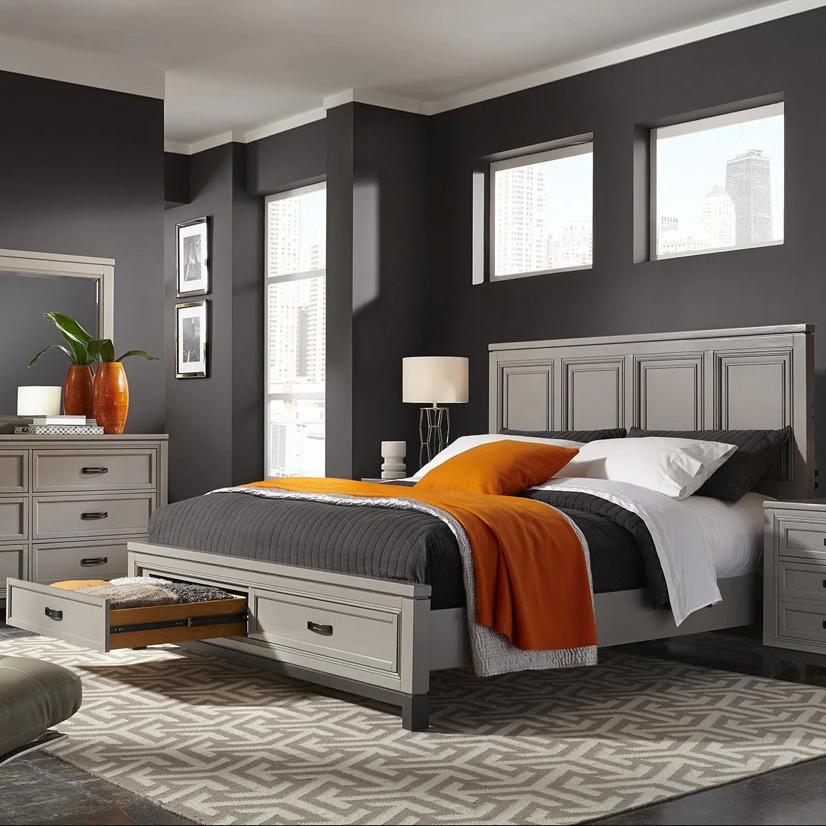 Aspenhome Hyde Park Queen Painted Panel Storage Bed in Light Gray/403D/402