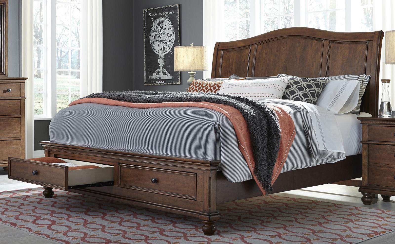 Aspenhome Oxford California King Sleigh Storage Bed in Whiskey Brown