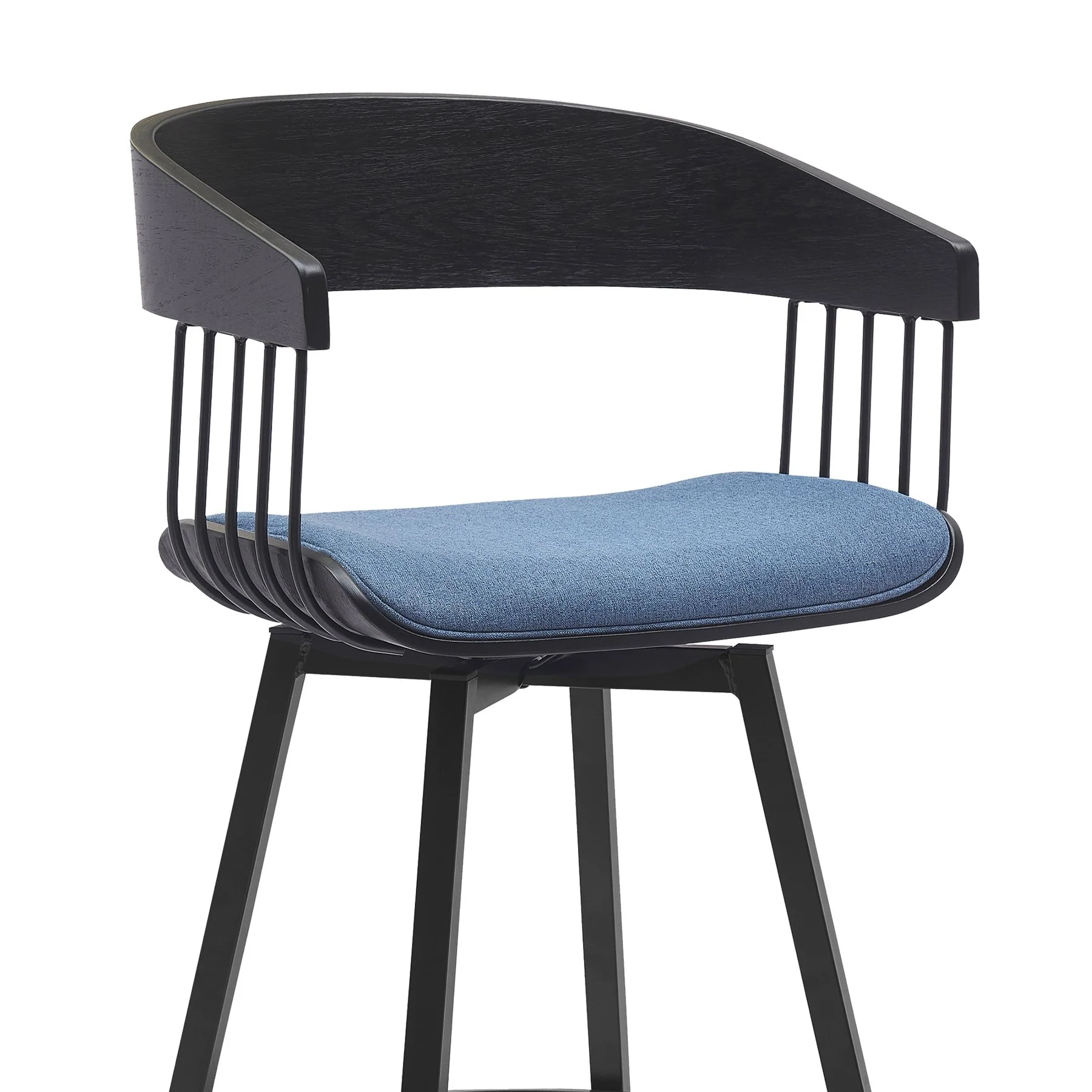Athena 27" Swivel Black Wood Counter Stool in Blue Fabric with Black Metal - Image 4