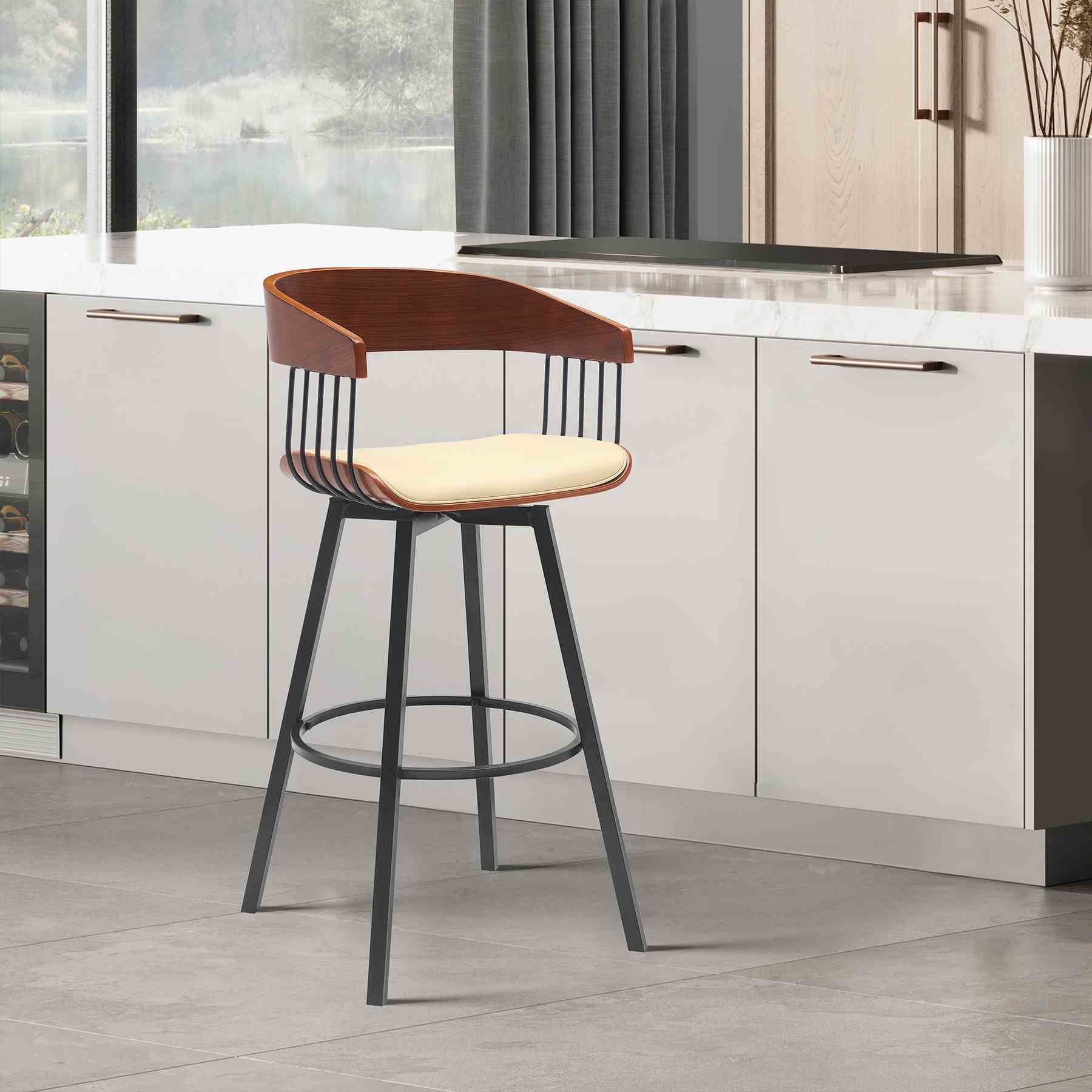 Athena 27" Swivel Walnut Wood Counter Stool in Cream Faux Leather with Black Metal - Image 9