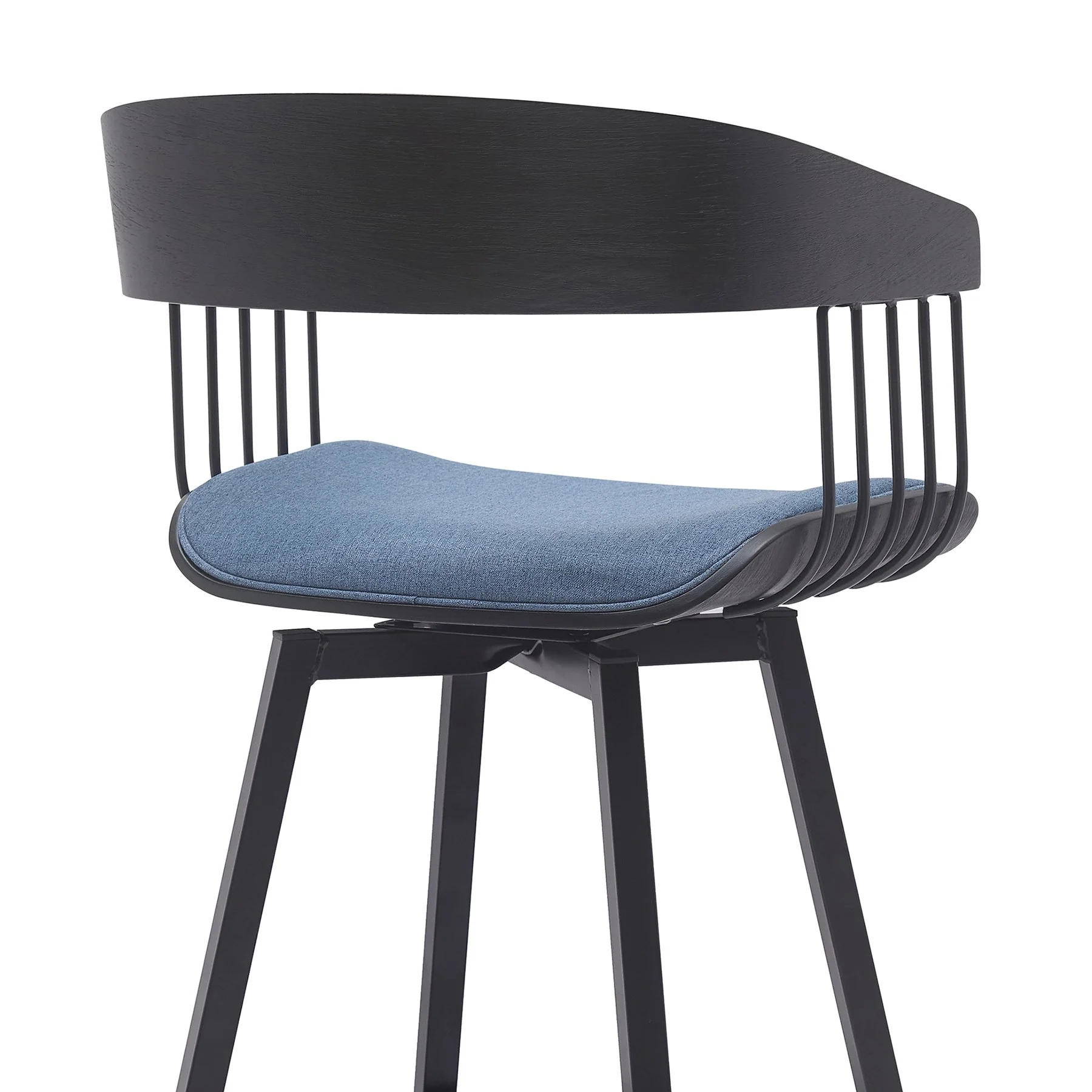Athena 31" Swivel Black Wood Bar Stool in Blue Fabric with Black Metal - Image 5