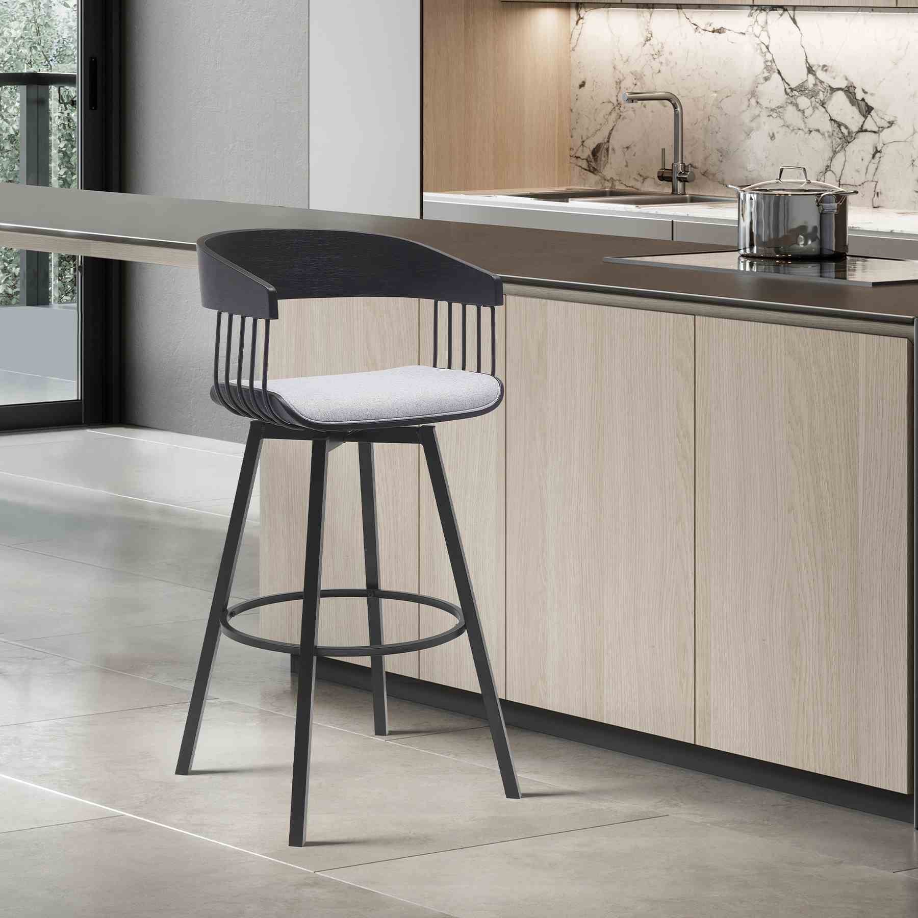 Athena 31" Swivel Black Wood Bar Stool in Light Gray Fabric with Black Metal - Image 8