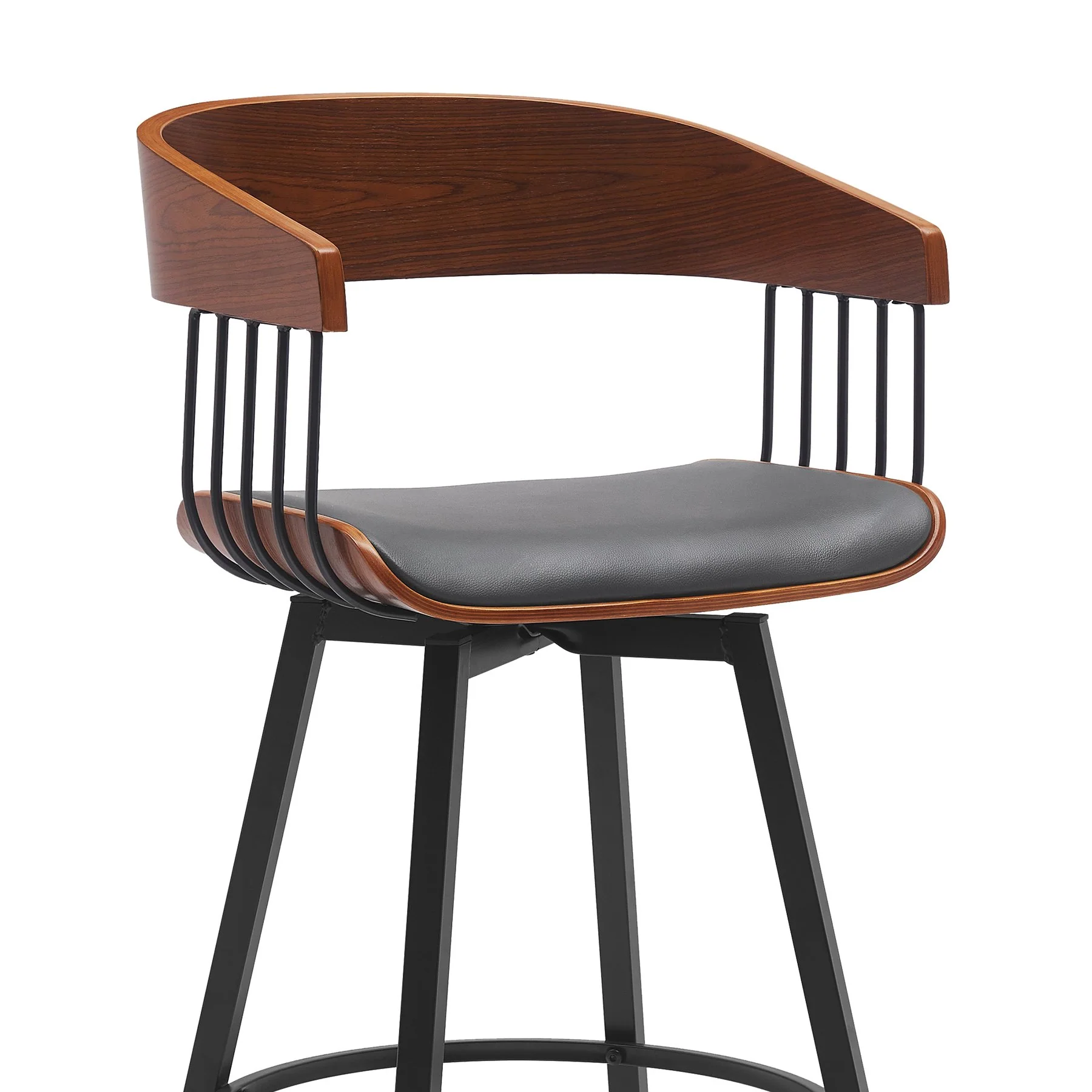 Athena 31" Swivel Walnut Wood Bar Stool in Gray Faux Leather with Black Metal - Image 4