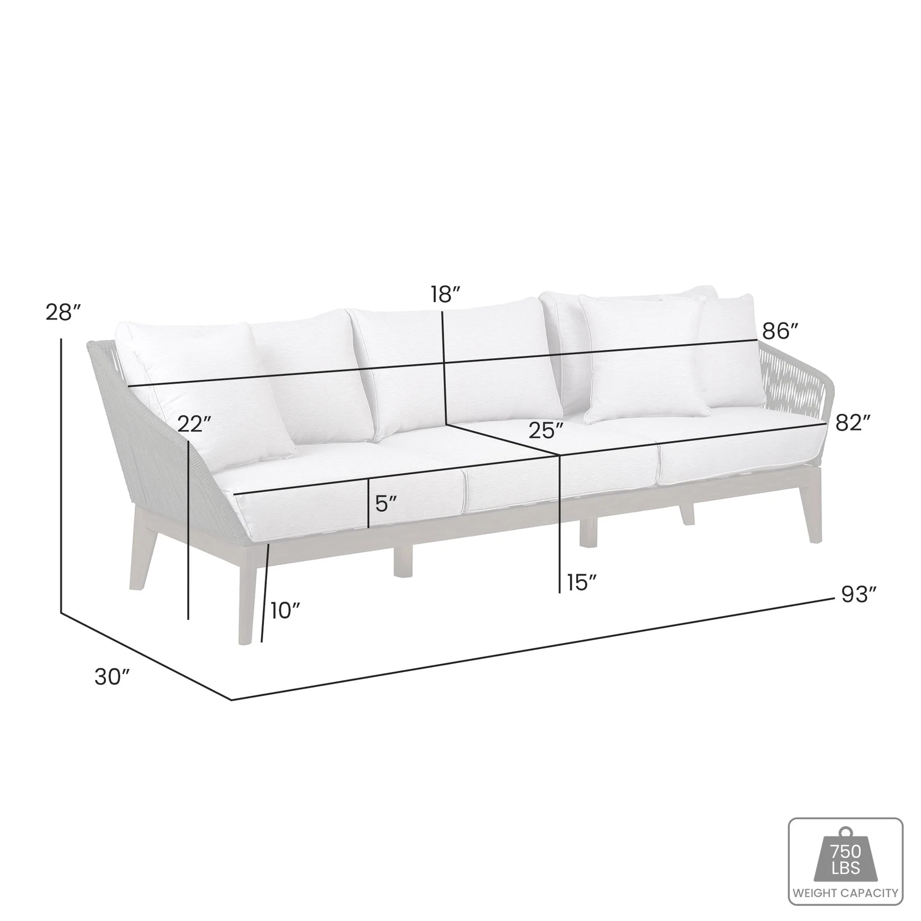 Athos Indoor Outdoor 3 Seater Sofa in Dark Eucalyptus Wood with Charcoal Rope and Gray Cushions - Image 7
