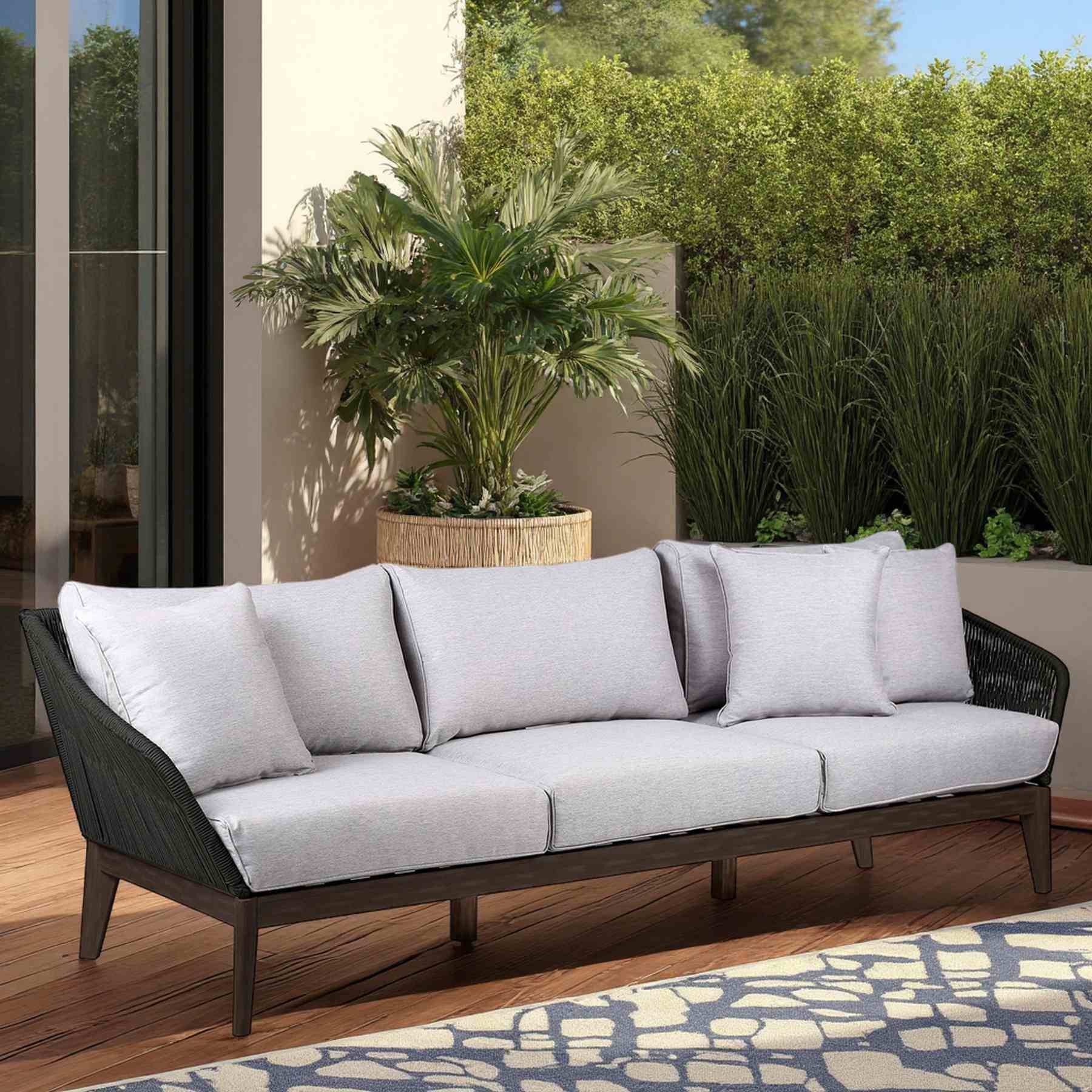 Athos Indoor Outdoor 3 Seater Sofa in Dark Eucalyptus Wood with Charcoal Rope and Gray Cushions - Image 8
