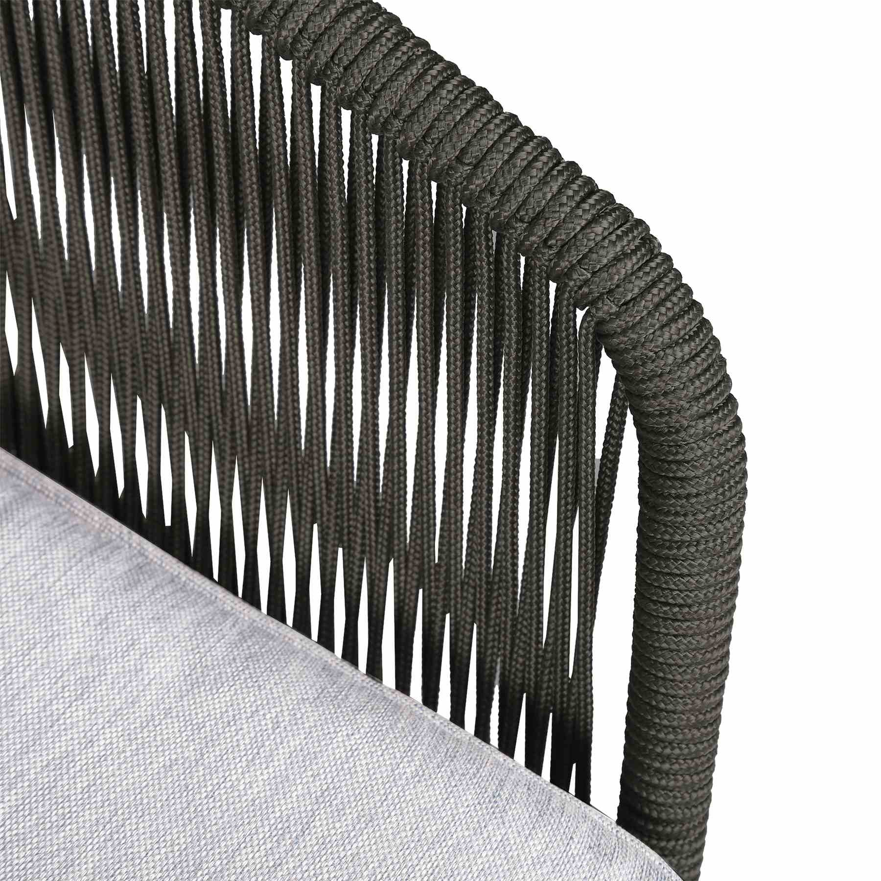 Athos Indoor Outdoor Club Chair in Light Eucalyptus Wood with Charcoal Rope and Gray Cushions - Image 5