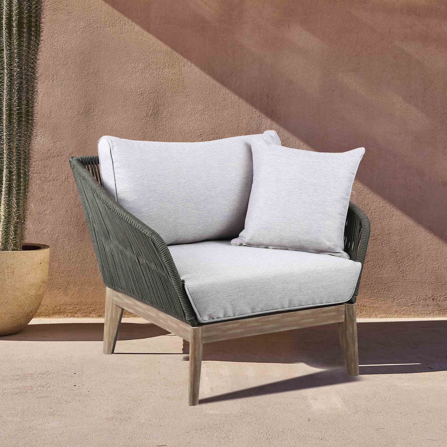 Athos Indoor Outdoor Club Chair in Light Eucalyptus Wood with Charcoal Rope and Gray Cushions - Image 8