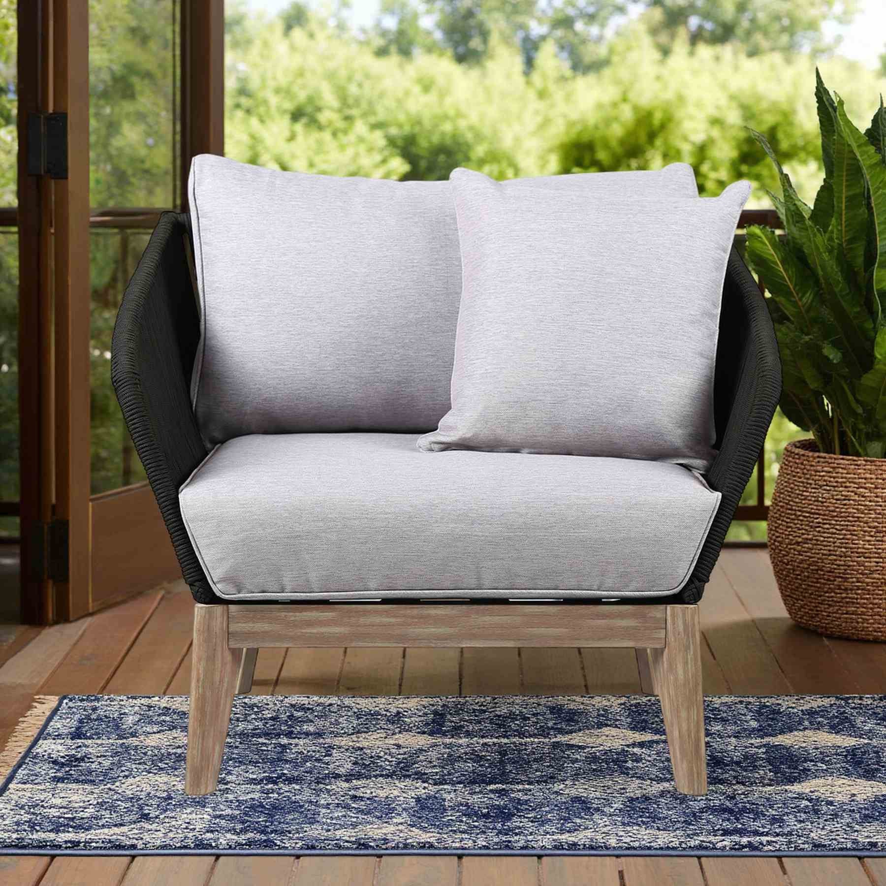 Athos Indoor Outdoor Club Chair in Light Eucalyptus Wood with Charcoal Rope and Gray Cushions - Image 9