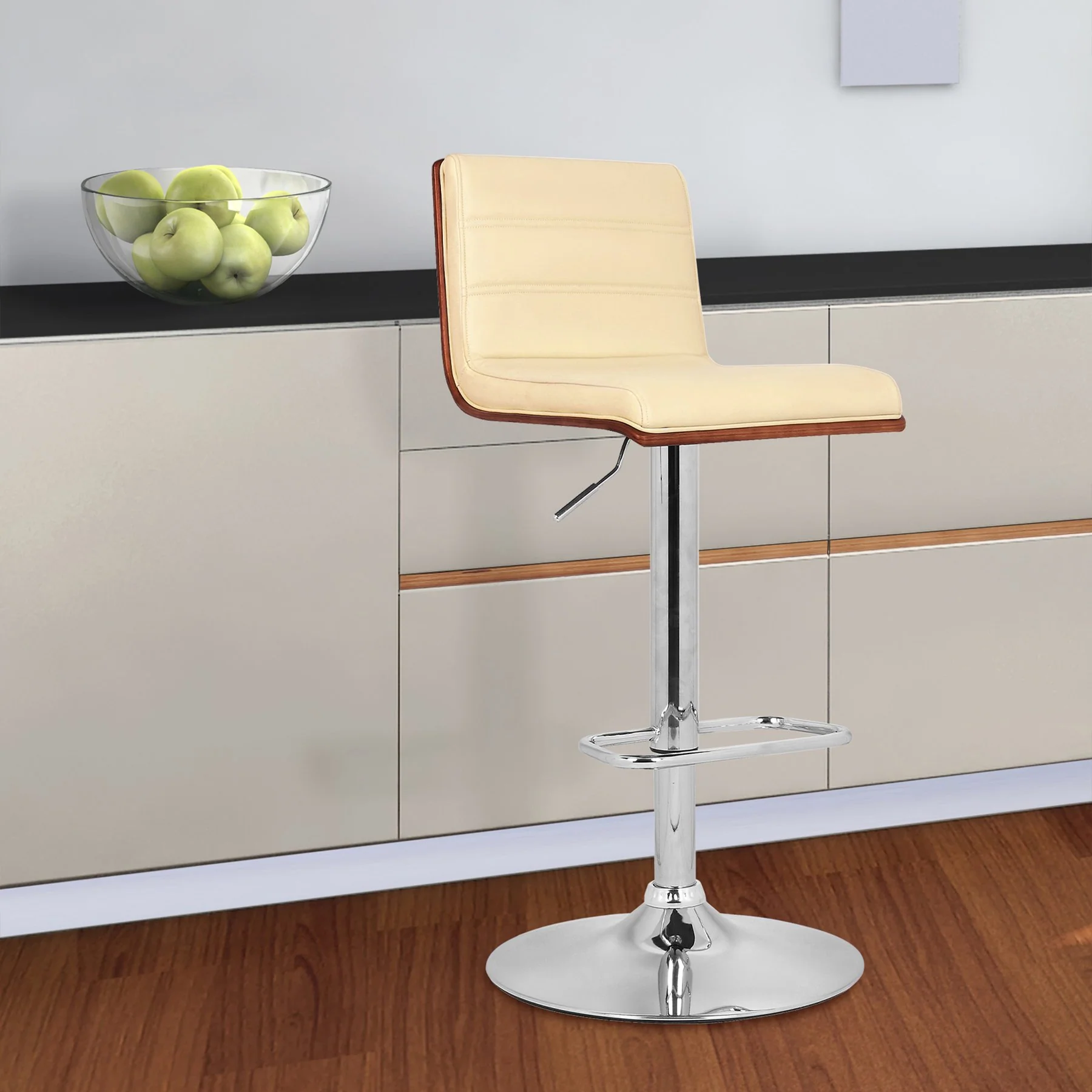 Aubrey Adjustable Height Swivel Cream Faux Leather and Chrome Bar Stool with Walnut Wood - Image 8