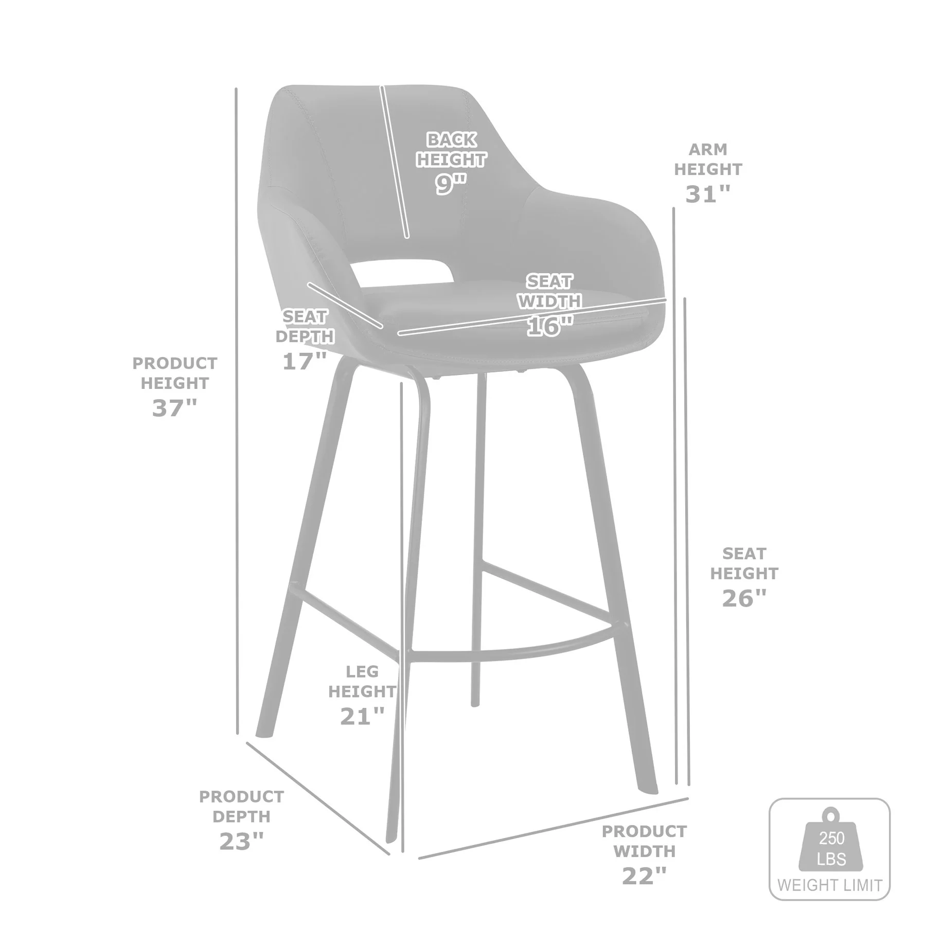 Aura Black Faux Leather and Black Metal Swivel 26" Counter Stool - Image 10