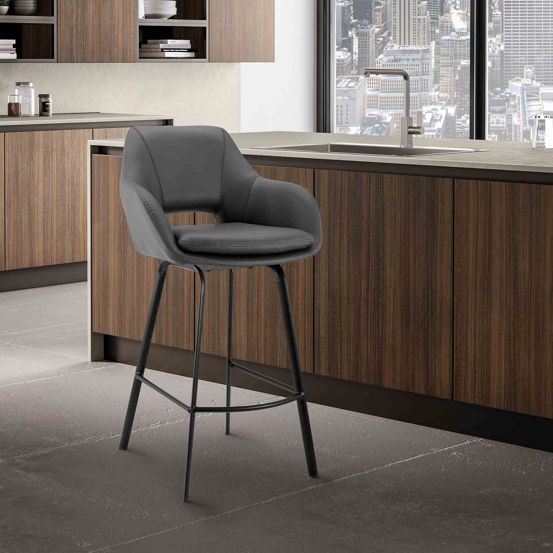 Aura Gray Faux Leather and Black Metal Swivel 26" Counter Stool - Image 11
