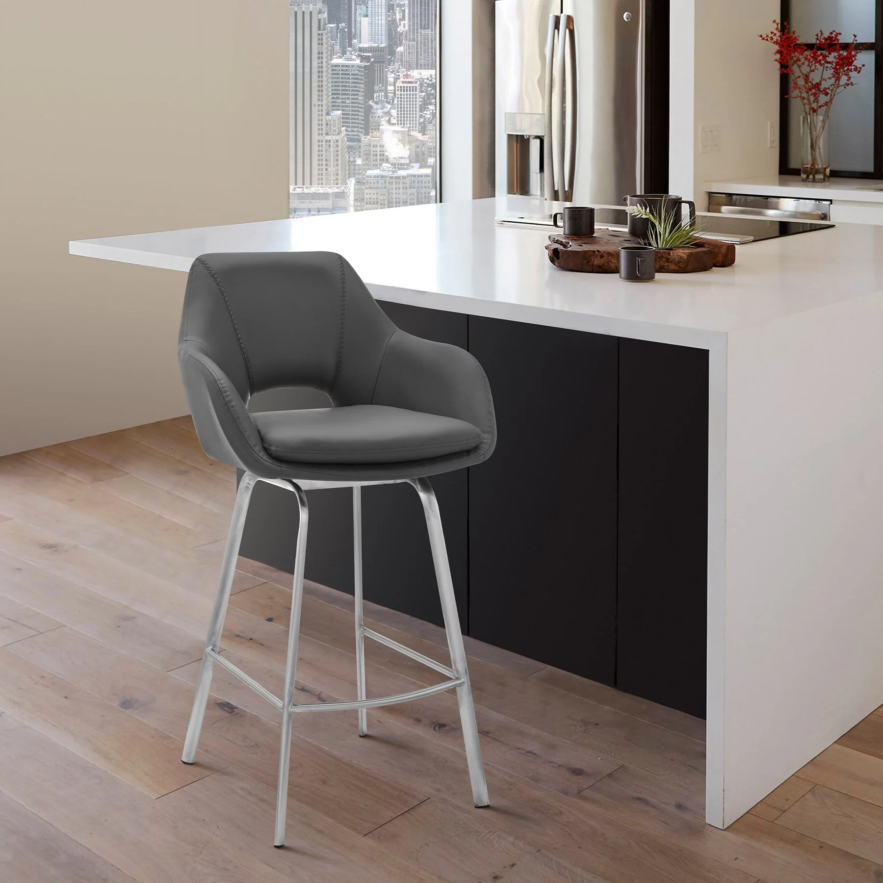 Aura Gray Faux Leather and Brushed Stainless Steel Swivel 30" Bar Stool - Image 11