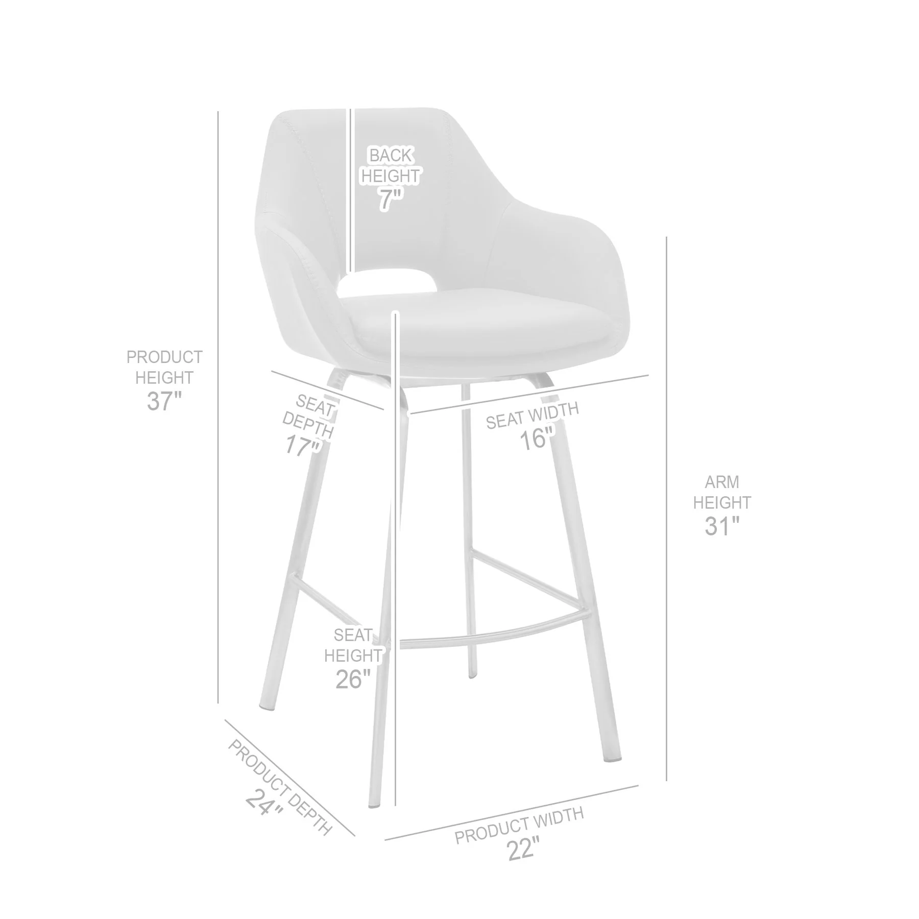 Aura White Faux Leather and Brushed Stainless Steel Swivel 26" Counter Stool - Image 10
