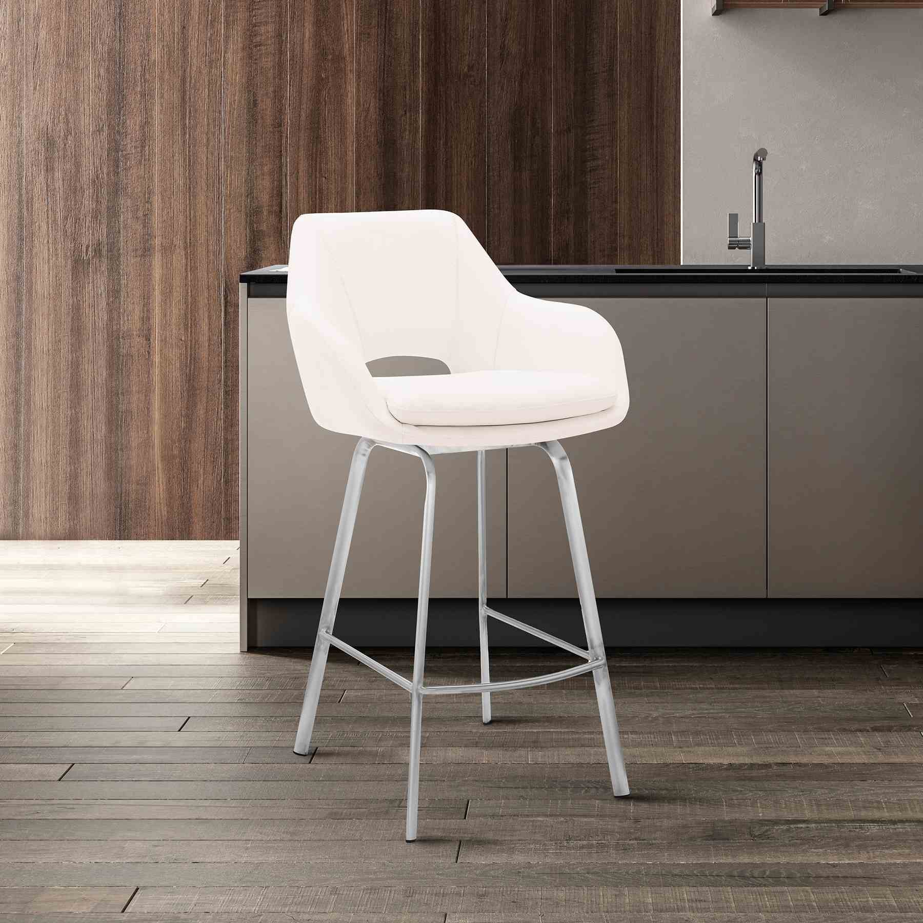 Aura White Faux Leather and Brushed Stainless Steel Swivel 26" Counter Stool - Image 11