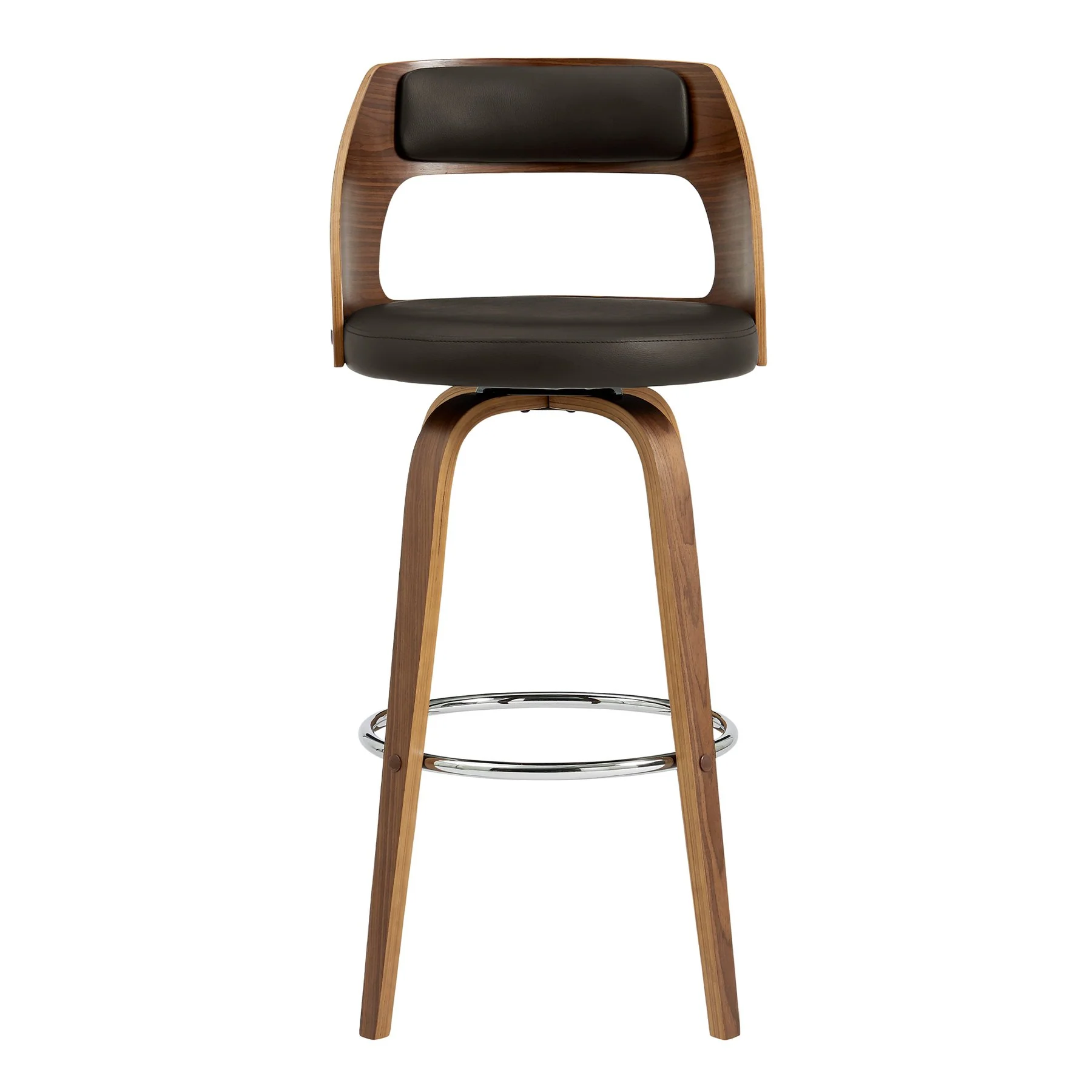 Axel 30" Swivel Bar Stool in Brown Faux Leather and Walnut Wood - Image 2