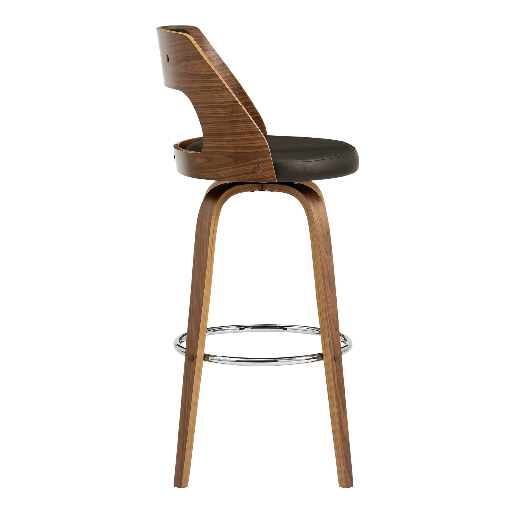 Axel 30" Swivel Bar Stool in Brown Faux Leather and Walnut Wood - Image 3