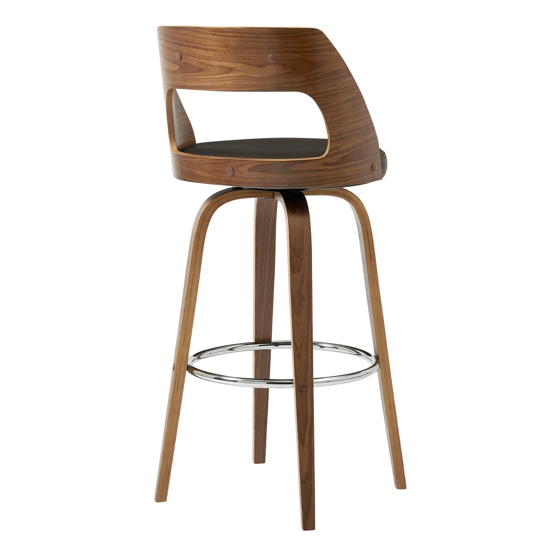 Axel 30" Swivel Bar Stool in Brown Faux Leather and Walnut Wood - Image 4