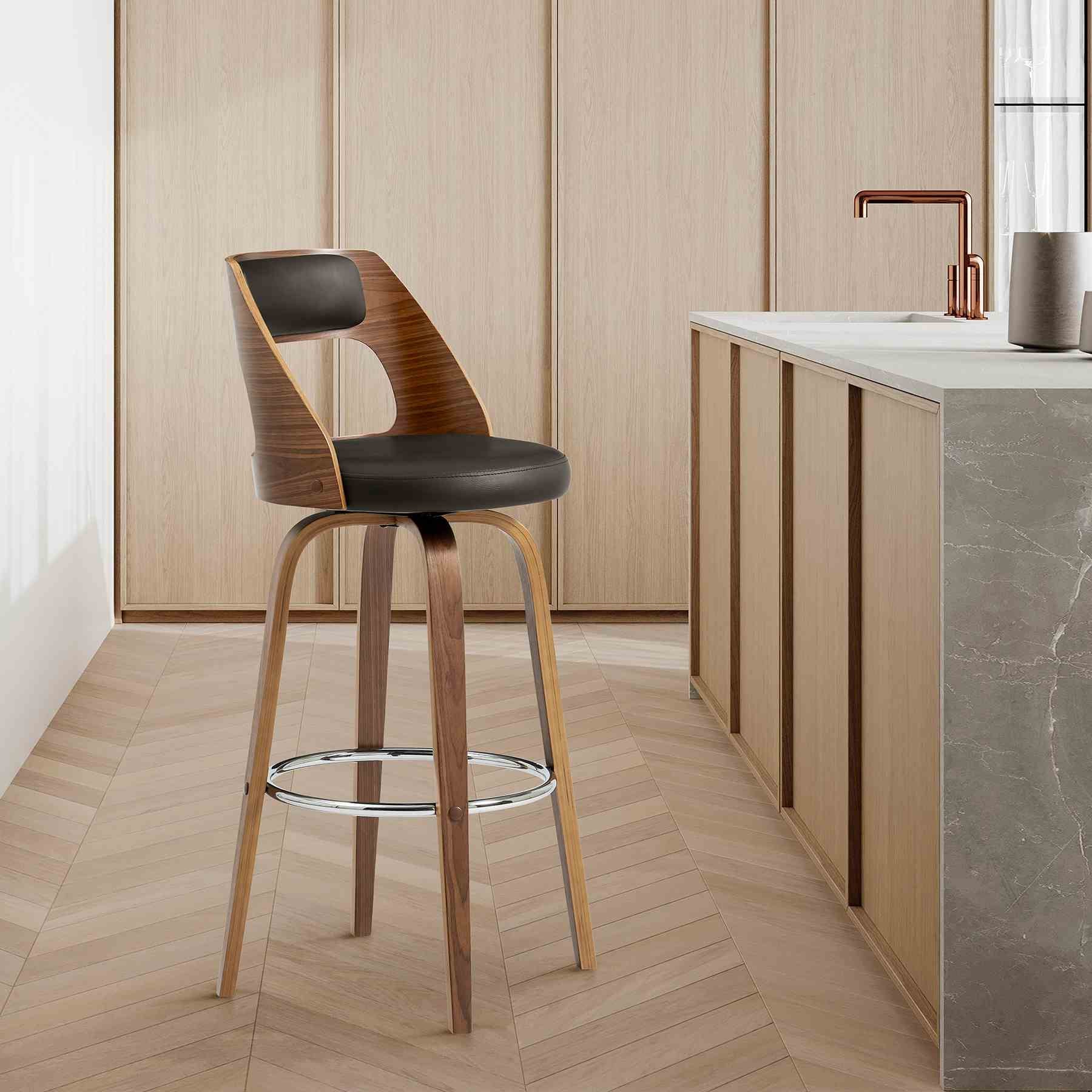 Axel 30" Swivel Bar Stool in Brown Faux Leather and Walnut Wood - Image 9