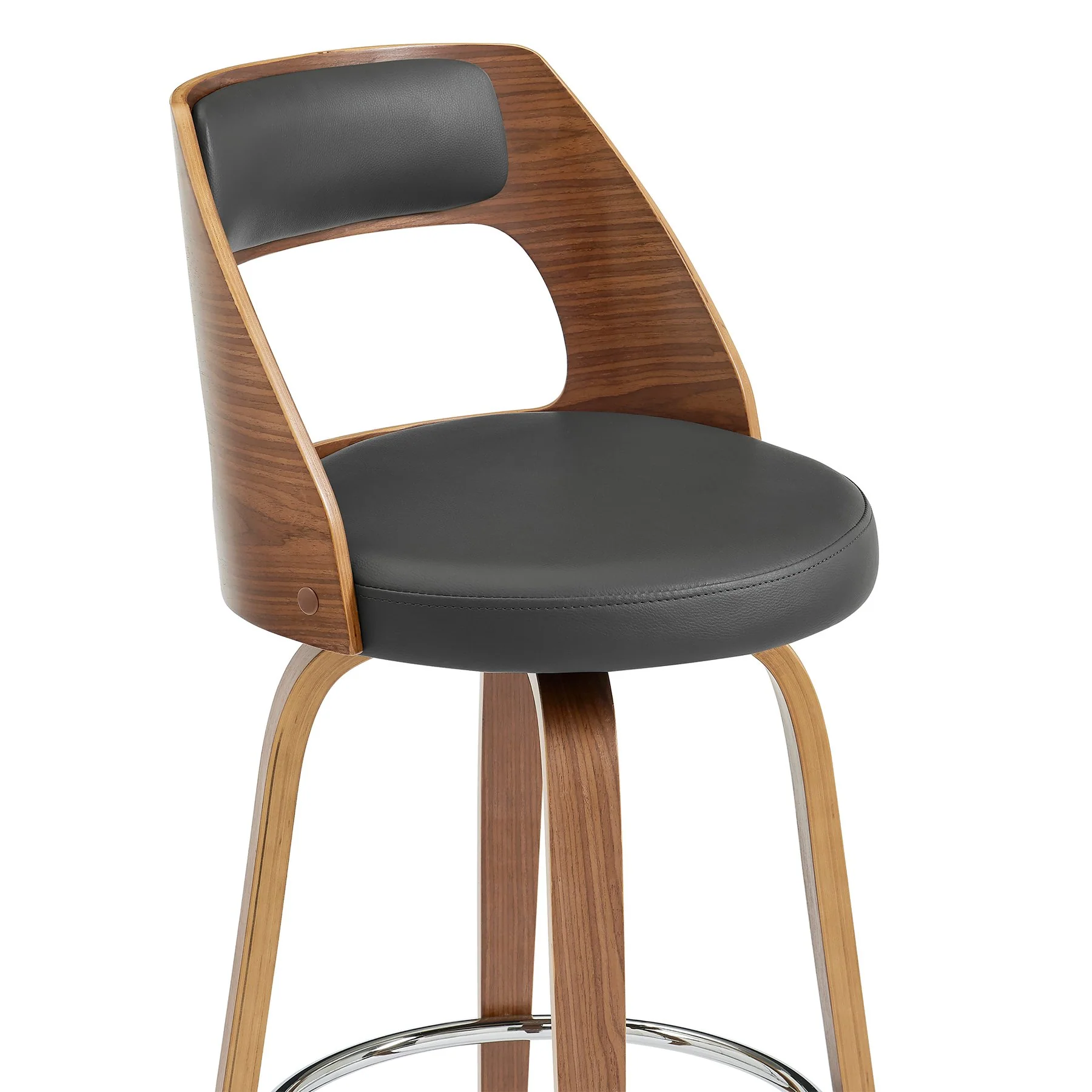Axel 30" Swivel Bar Stool in Gray Faux Leather and Walnut Wood - Image 6