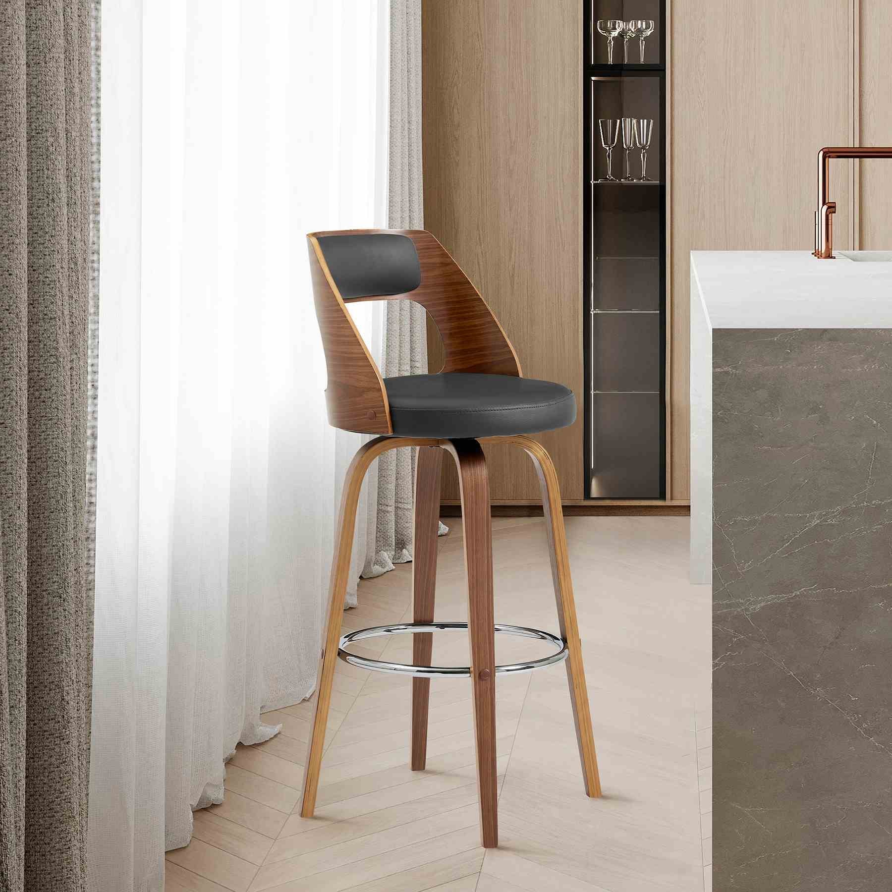 Axel 30" Swivel Bar Stool in Gray Faux Leather and Walnut Wood - Image 9