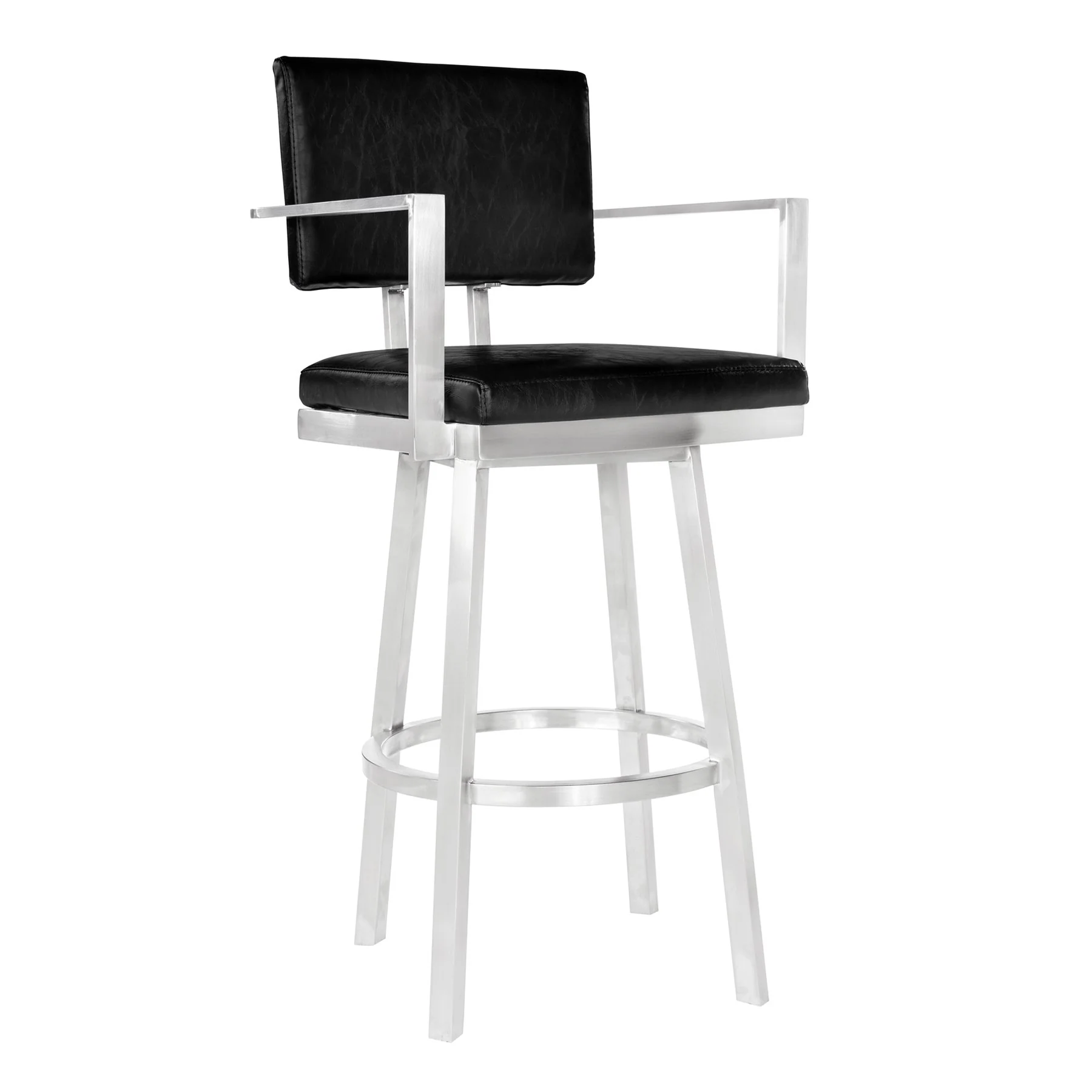 Balboa 30" Bar Height Barstool with Arms in Brushed Stainless Steel and Vintage Black Faux Leather