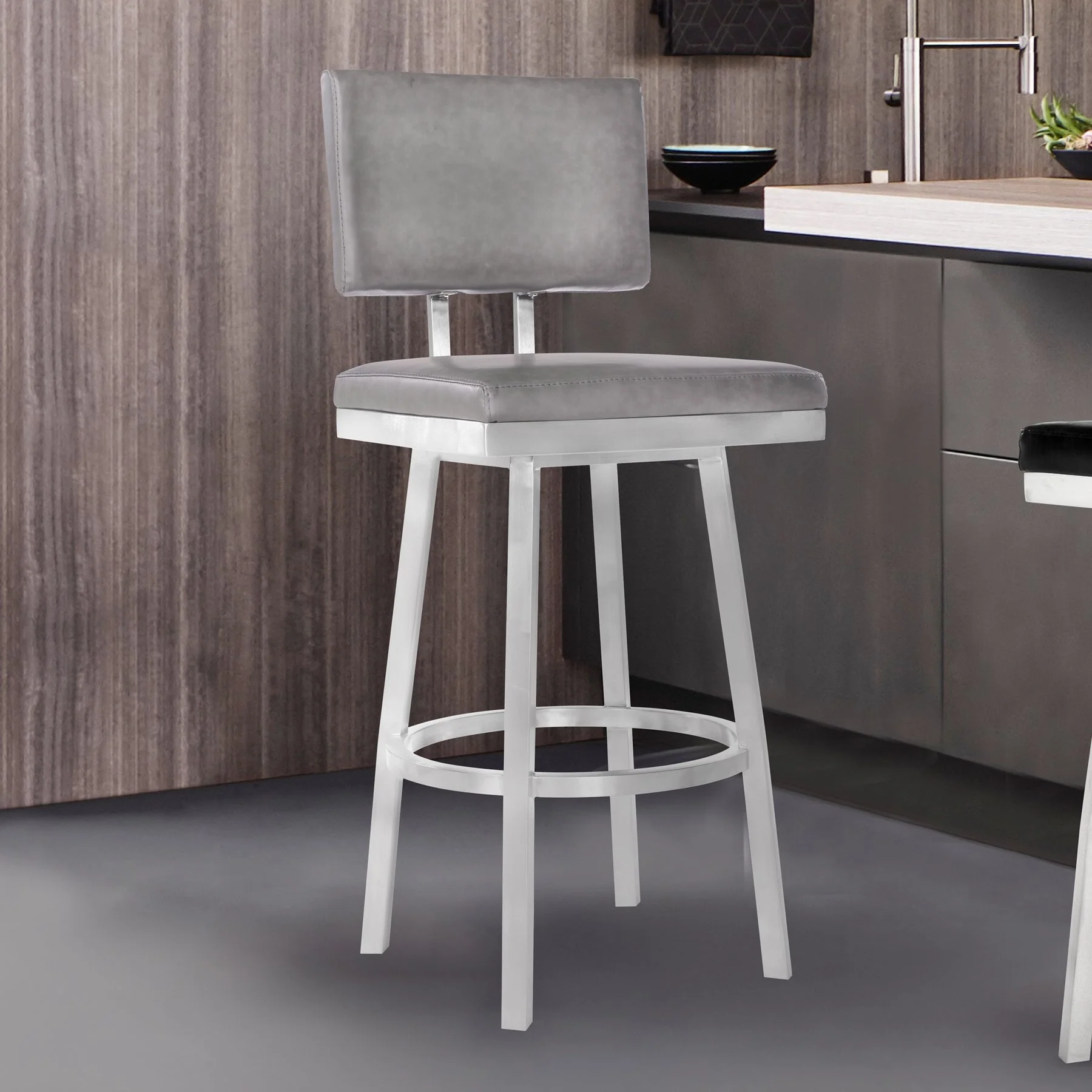 Balboa 30" Bar Height Swivel Vintage Gray and Brushed Stainless Steel Bar Stool - Image 7