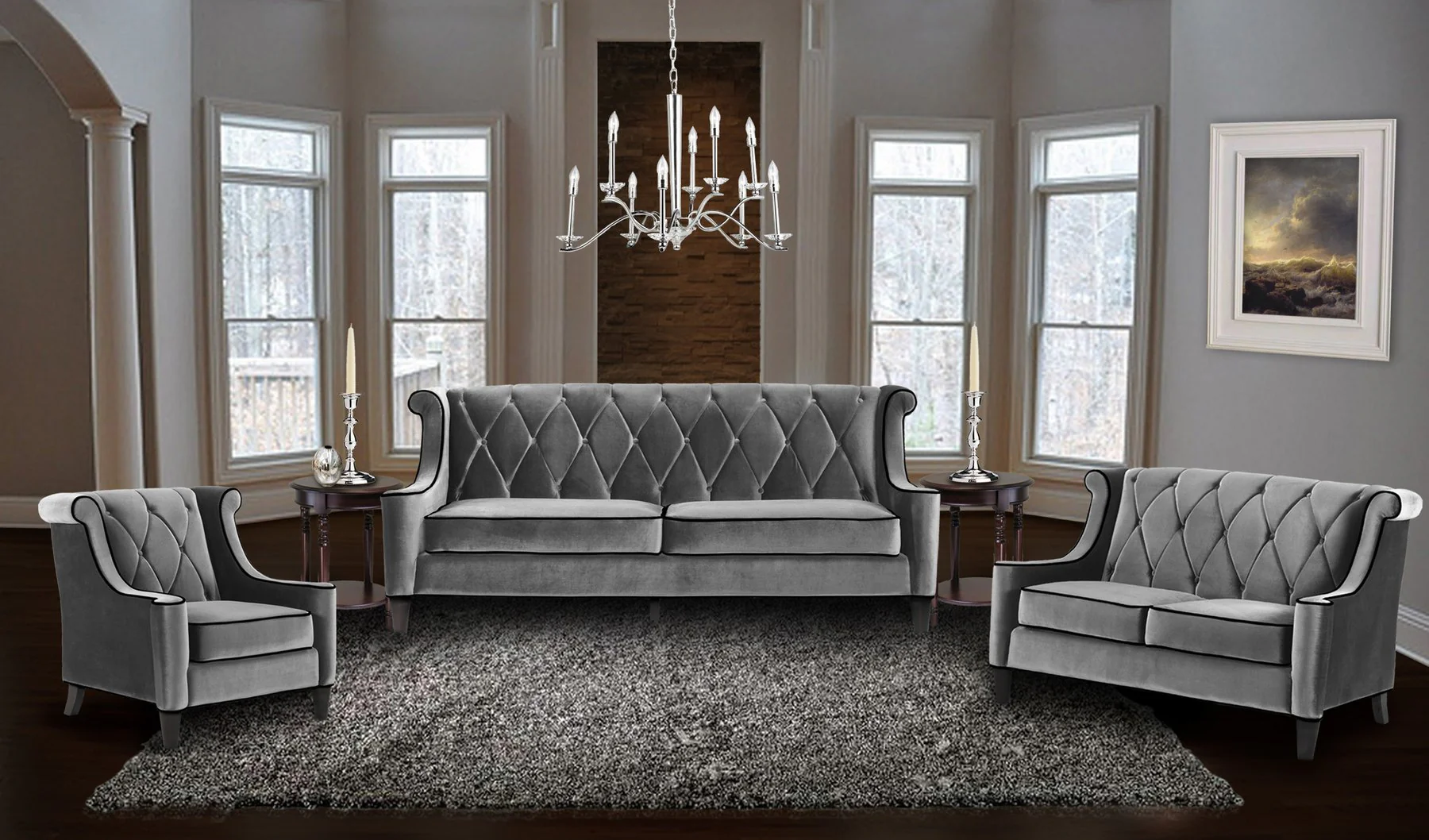 Barrister Sofa In Gray Velvet With Black Piping - Image 6
