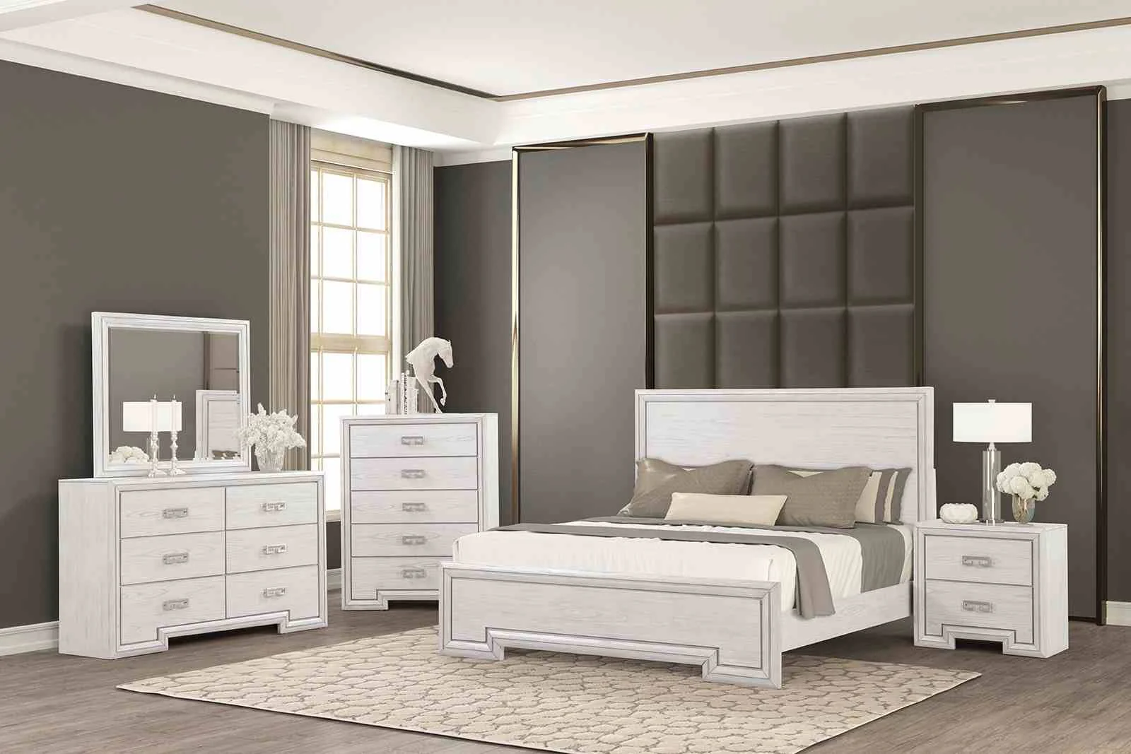 Basilone E.King Bed, Rustic White