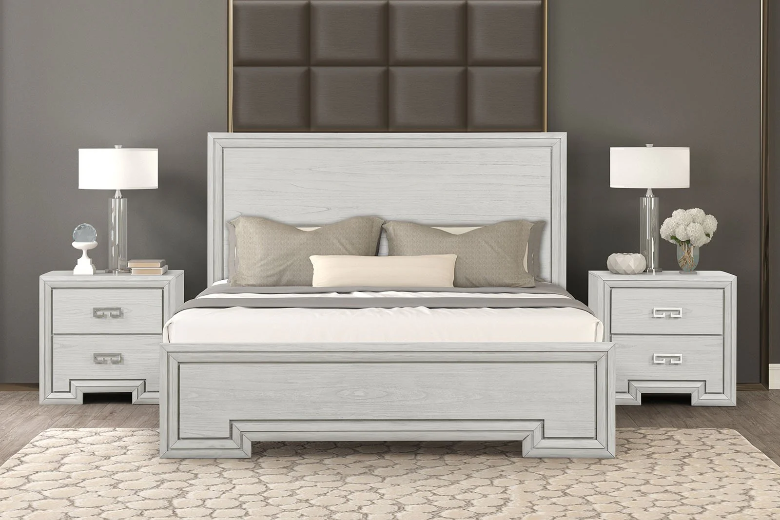 Basilone E.King Bed, Rustic White - Image 2