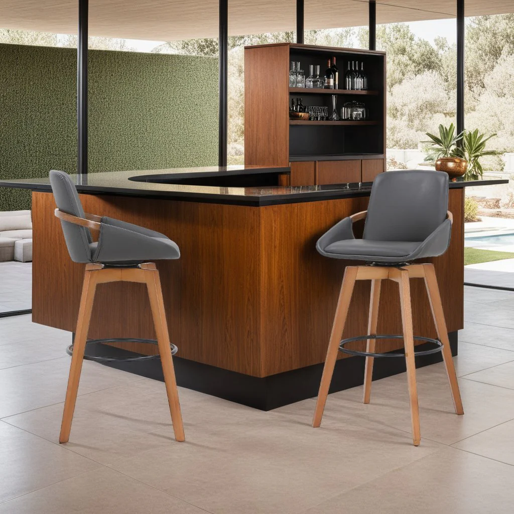 Baylor 30" Gray Faux Leather and Walnut Wood Swivel Bar Stool - Image 7