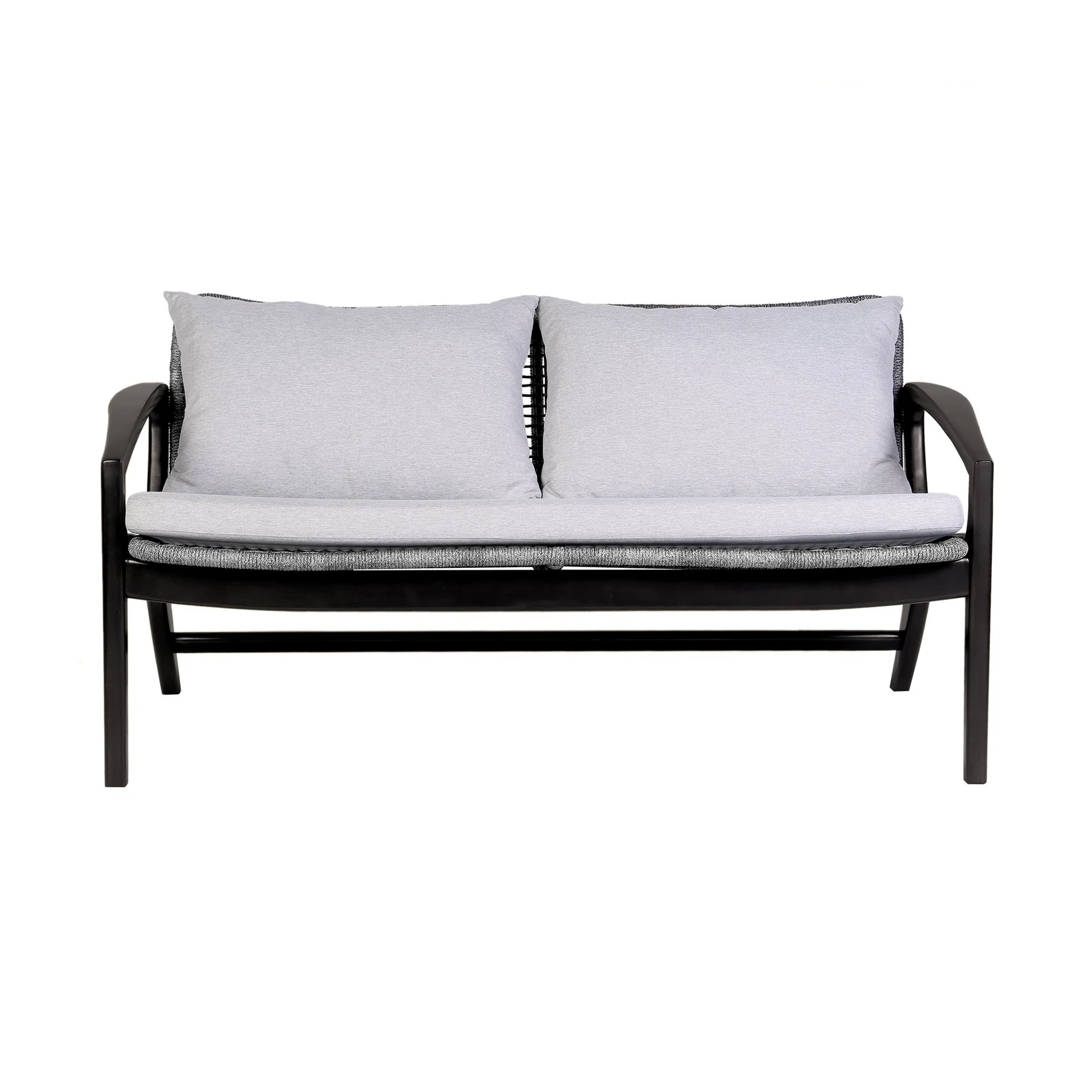 Beckham 4 Piece Outdoor Patio Seating Set in Dark Eucalyptus Wood with Gray Rope and White Cushions - Image 2
