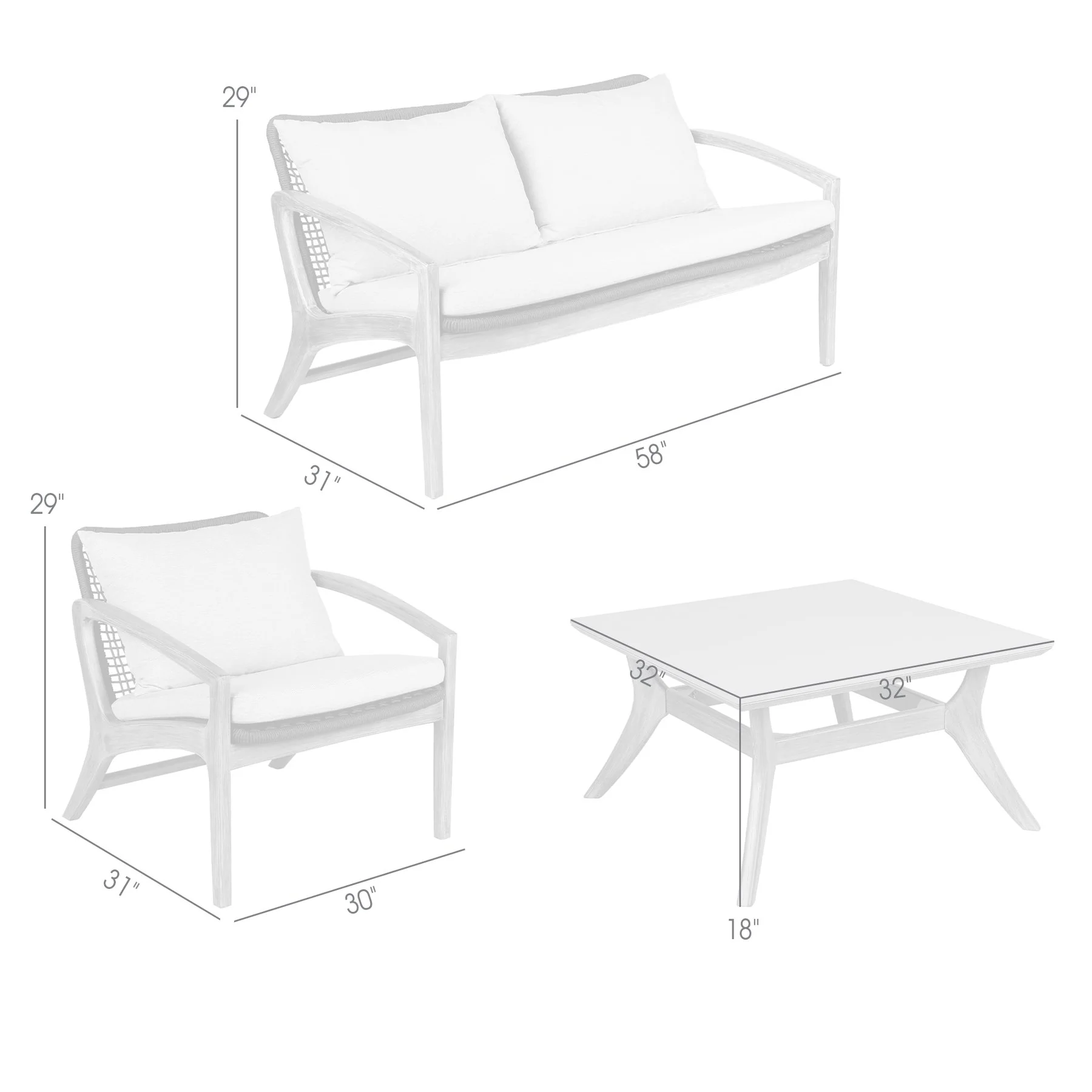 Beckham 4 Piece Outdoor Patio Seating Set in Light Eucalyptus Wood with Charcoal Rope and White Cushions - Image 15