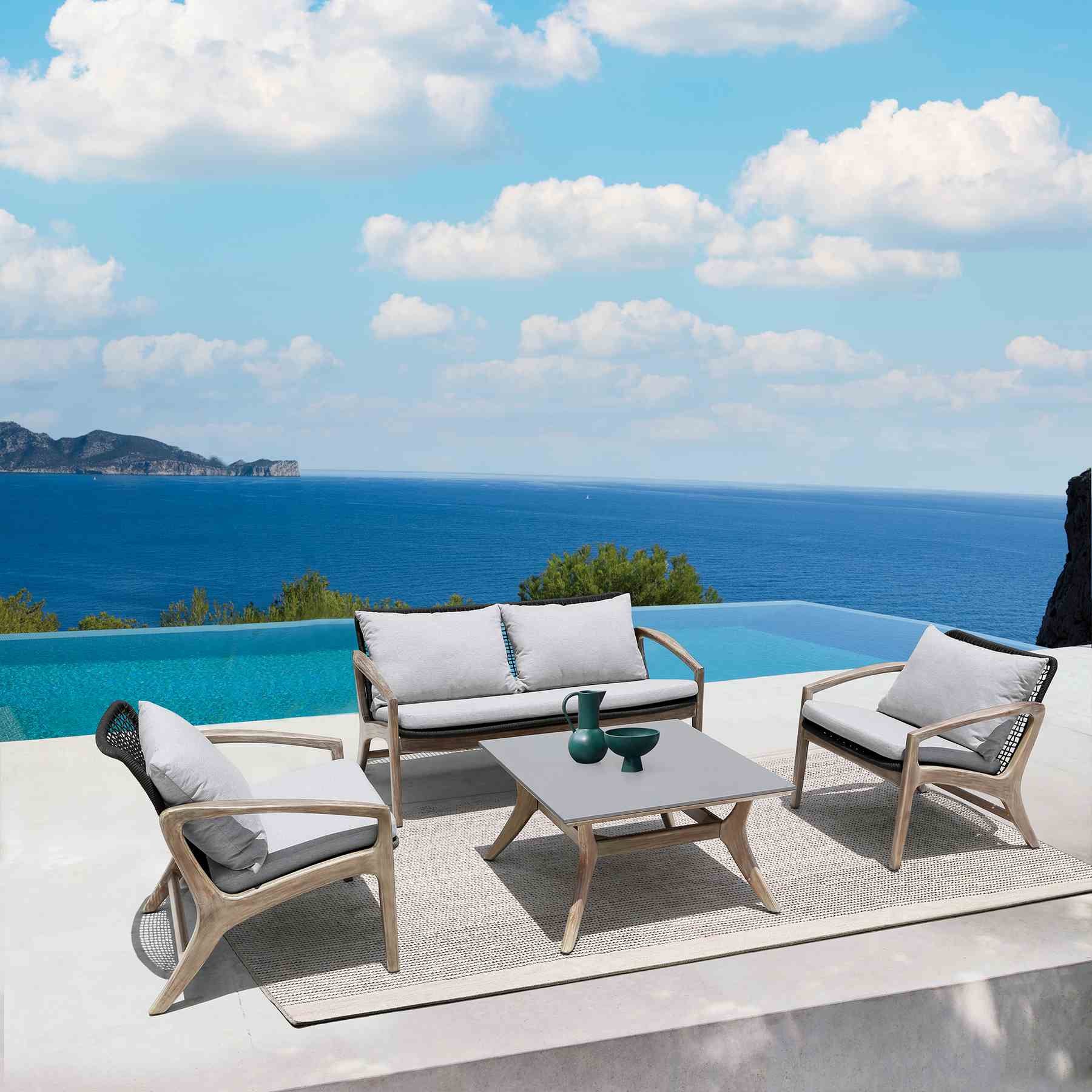 Beckham 4 Piece Outdoor Patio Seating Set in Light Eucalyptus Wood with Charcoal Rope and White Cushions - Image 16