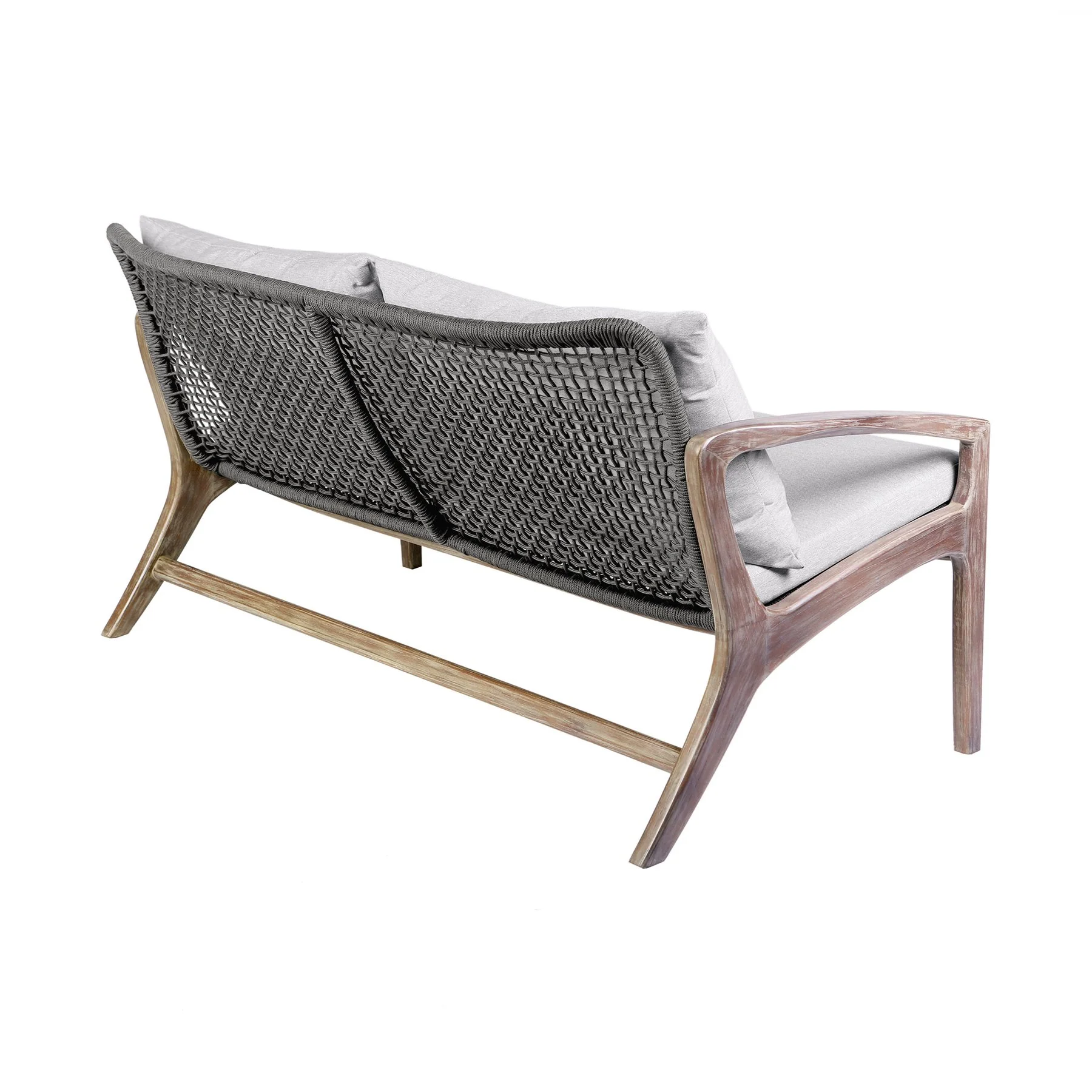 Beckham 4 Piece Outdoor Patio Seating Set in Light Eucalyptus Wood with Charcoal Rope and White Cushions - Image 4