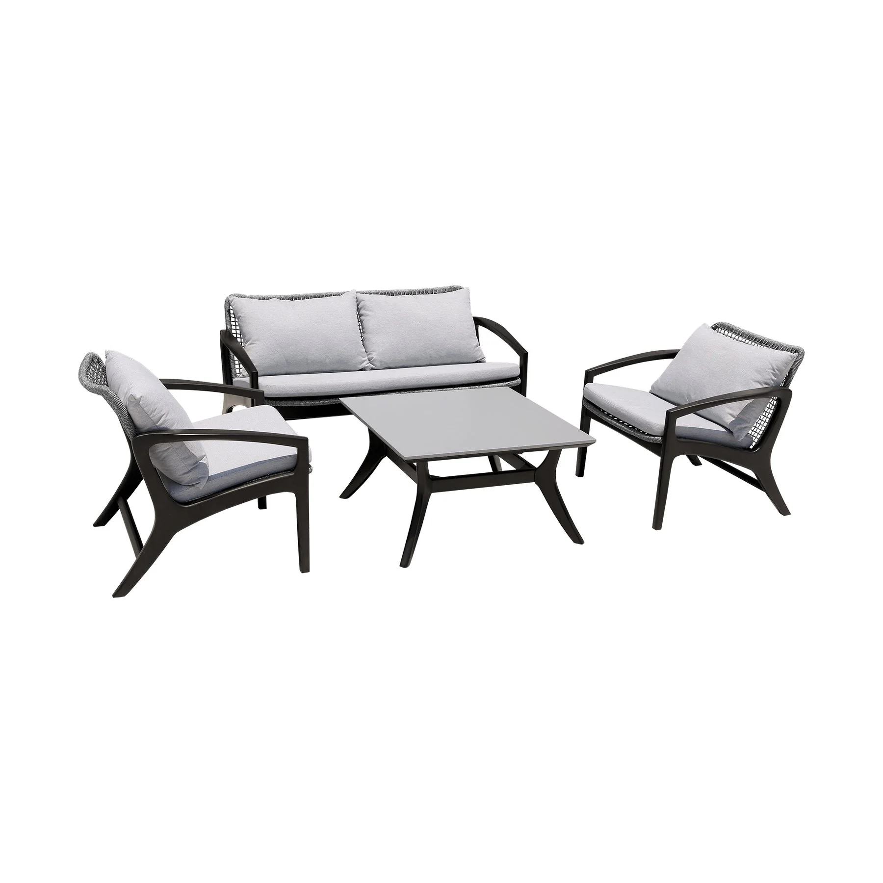 Beckham Outdoor Sofa in Dark Eucalyptus Wood and Gray Rope with White Cushions