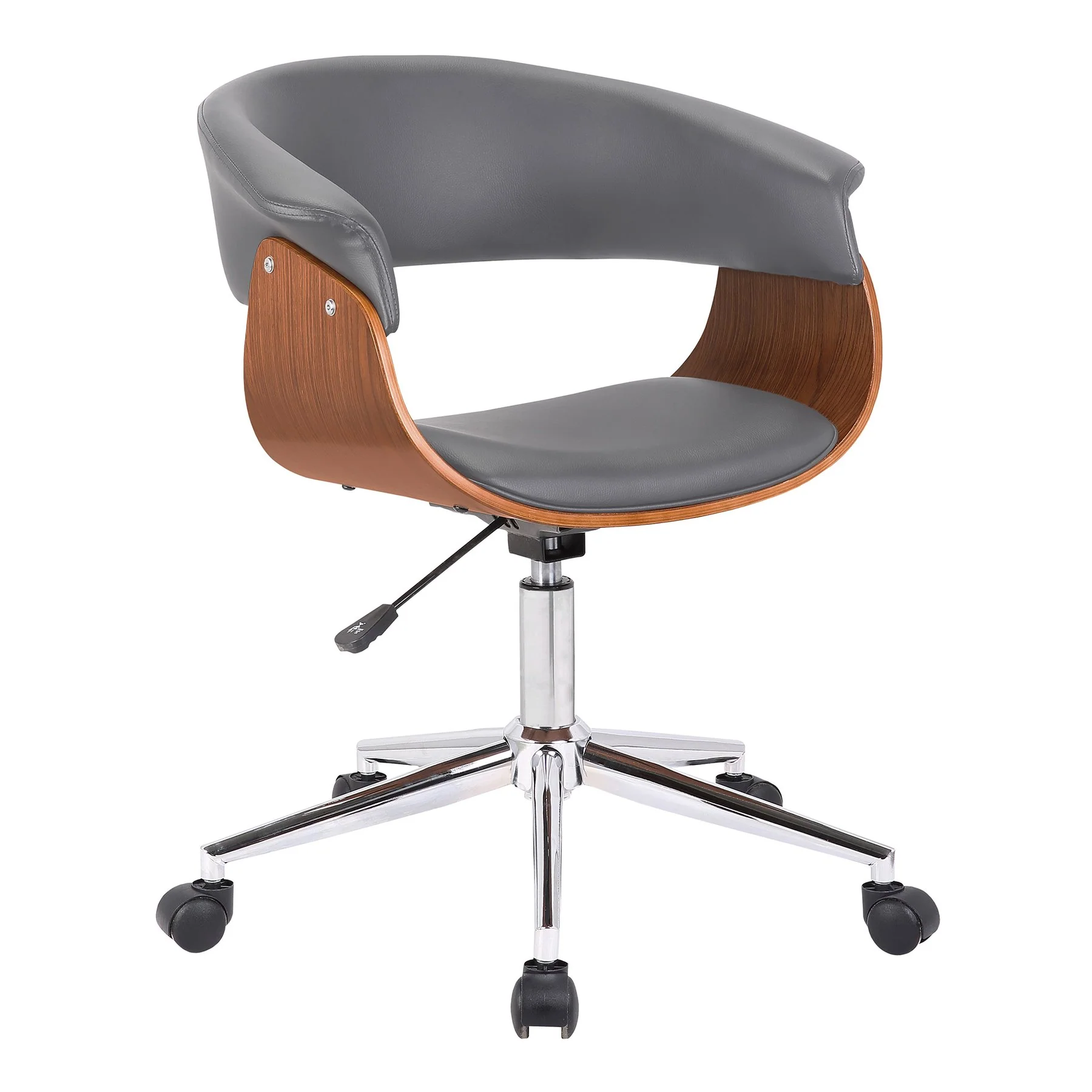Bellevue Mid-Century Office Chair in Chrome Finish with Gray Faux Leather and Walnut Veneer
