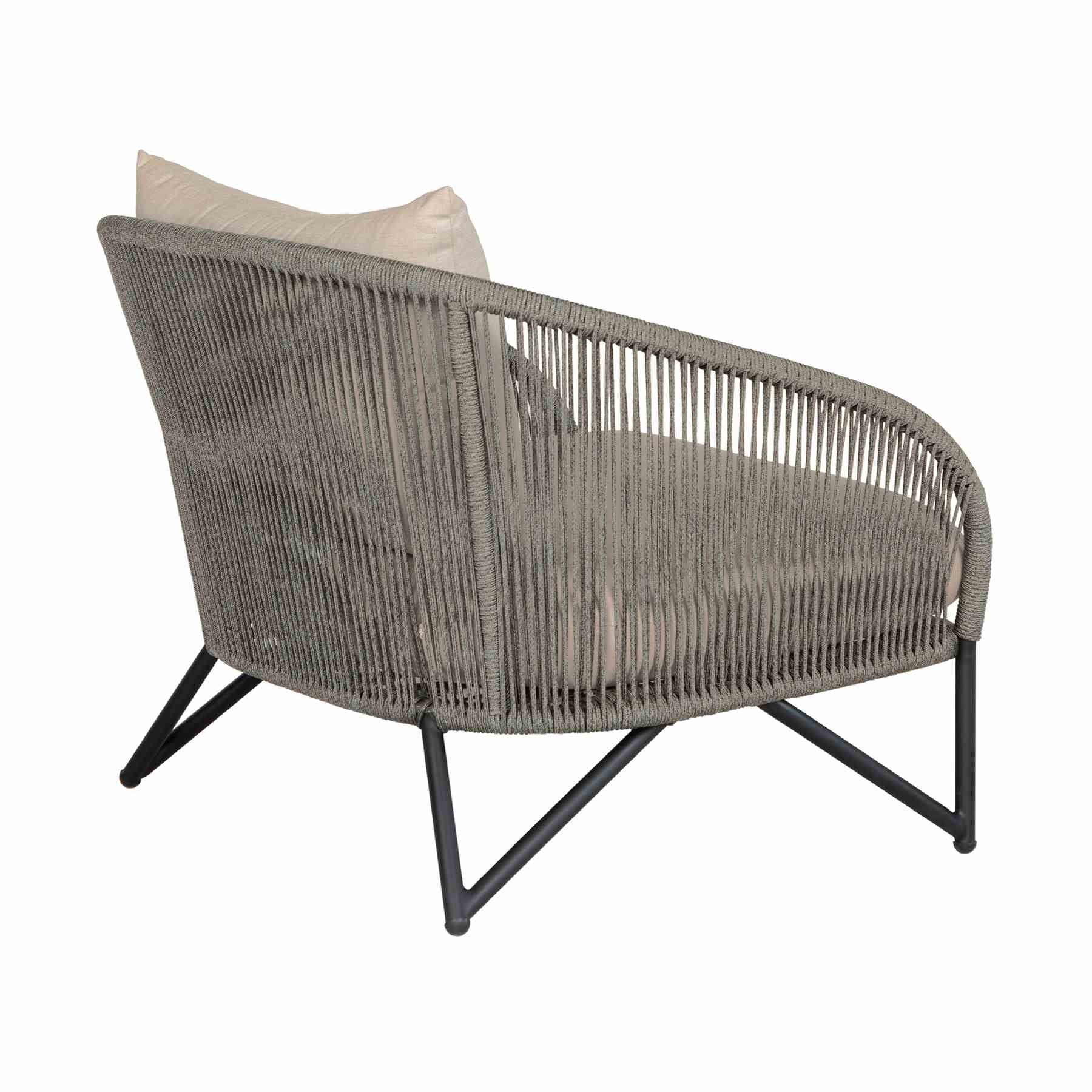 Benicia Outdoor Patio Chair in Black Steel with Gray Rope and Taupe Olefin Cushions - Image 4