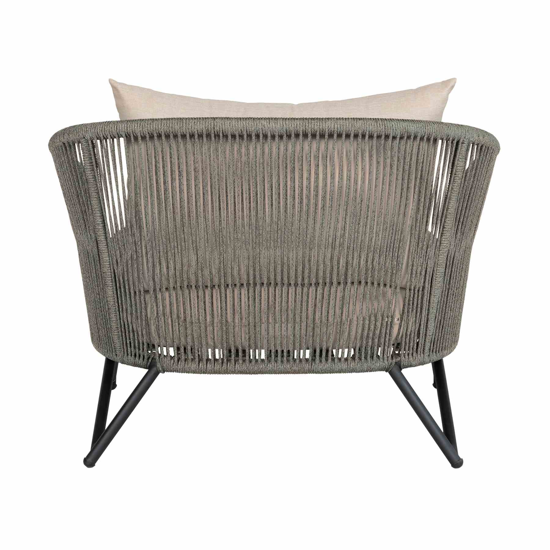 Benicia Outdoor Patio Chair in Black Steel with Gray Rope and Taupe Olefin Cushions - Image 5