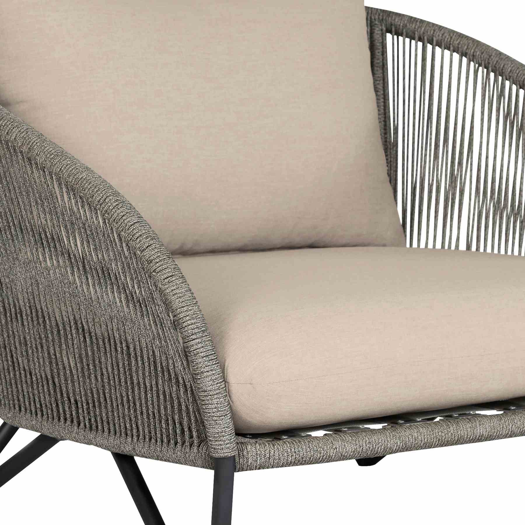 Benicia Outdoor Patio Chair in Black Steel with Gray Rope and Taupe Olefin Cushions - Image 6