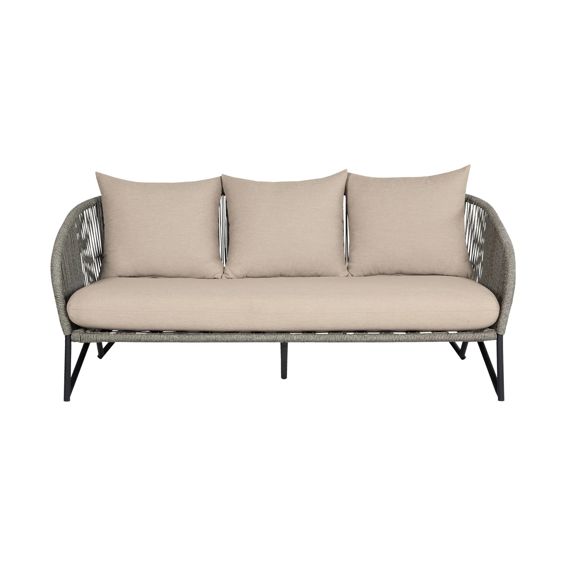 Benicia Outdoor Patio Sofa in Black Steel with Gray Rope and Taupe Olefin Cushions