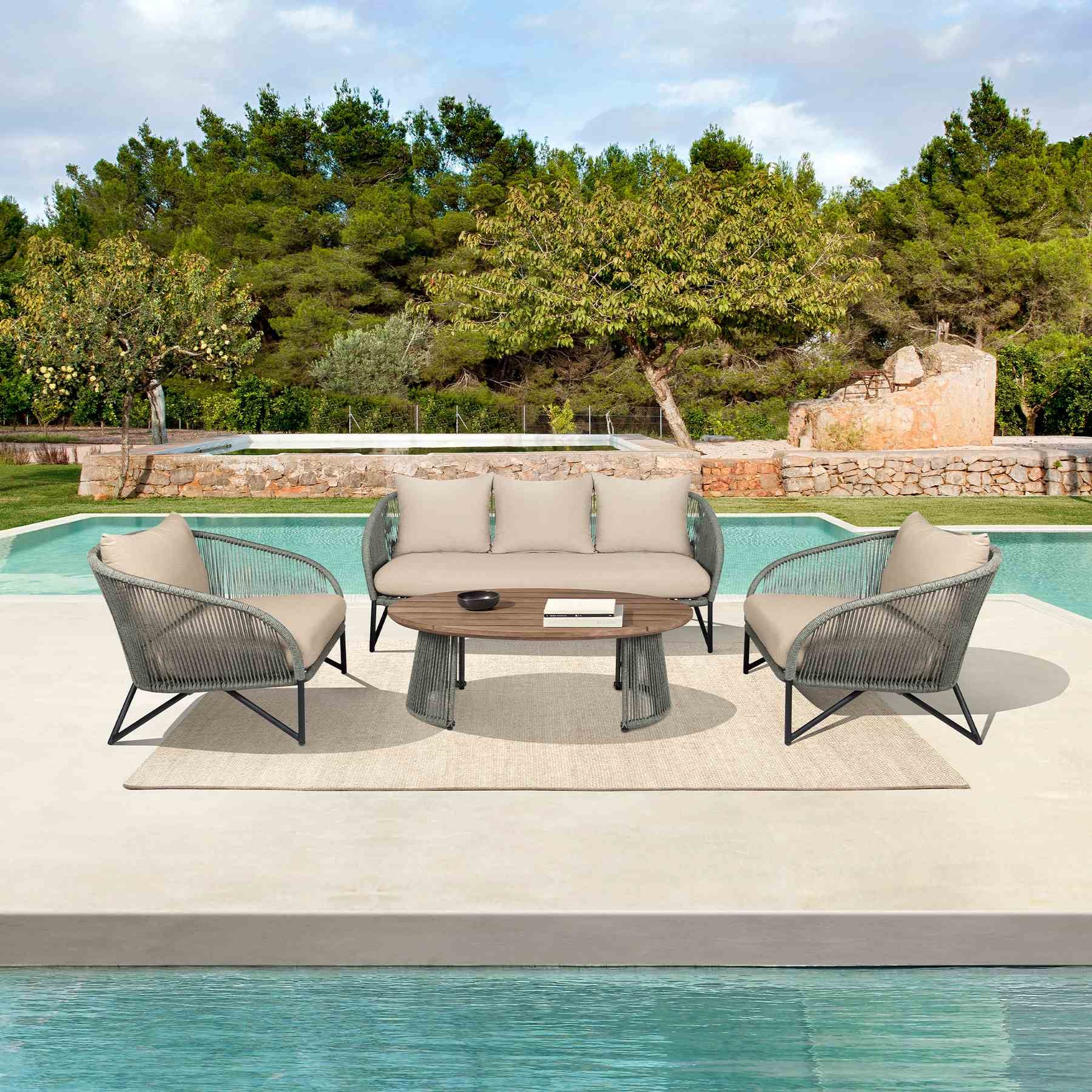 Benicia Outdoor Patio Sofa in Black Steel with Gray Rope and Taupe Olefin Cushions - Image 10