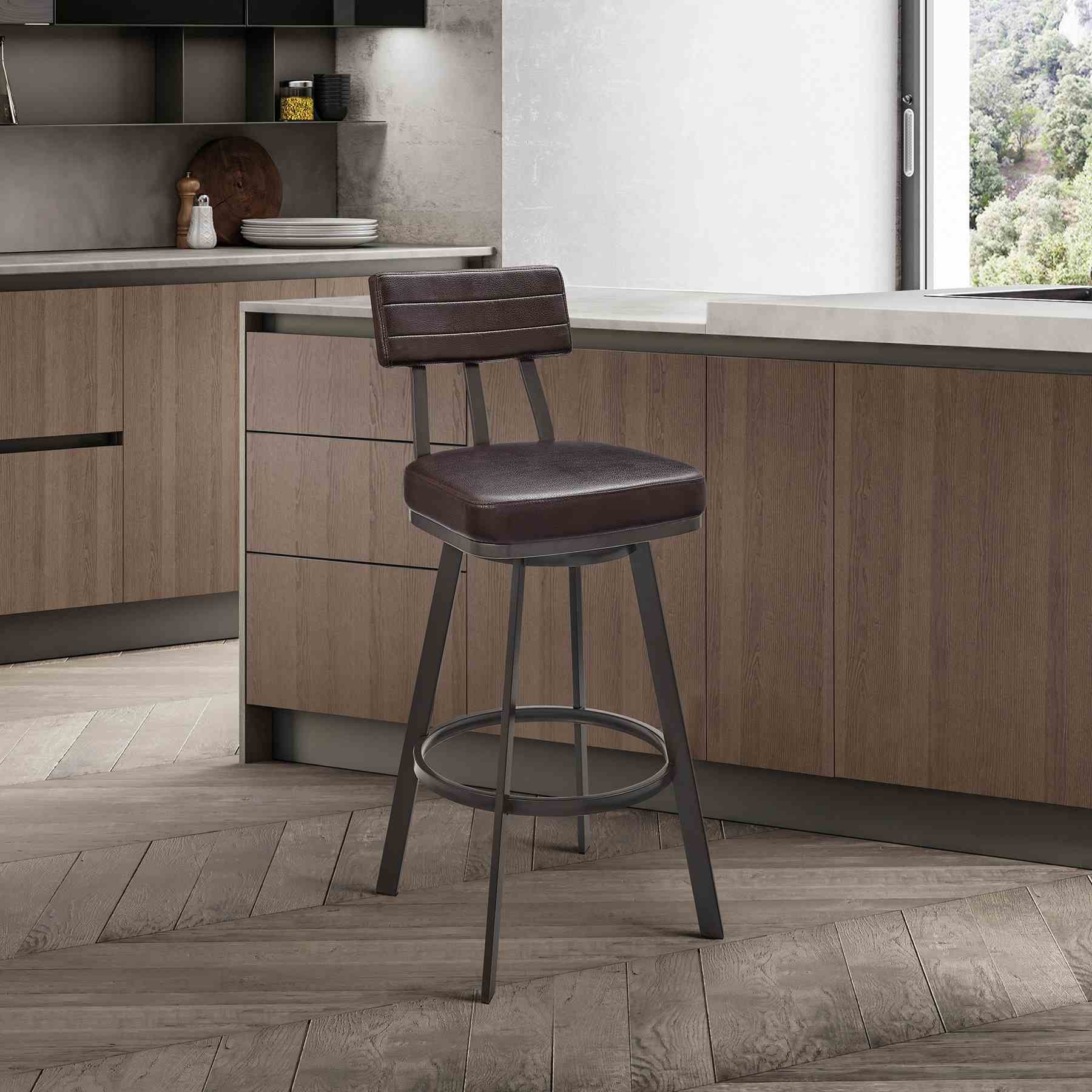 Benjamin Swivel Bar Stool in Brown Metal with Brown Faux Leather - Image 11