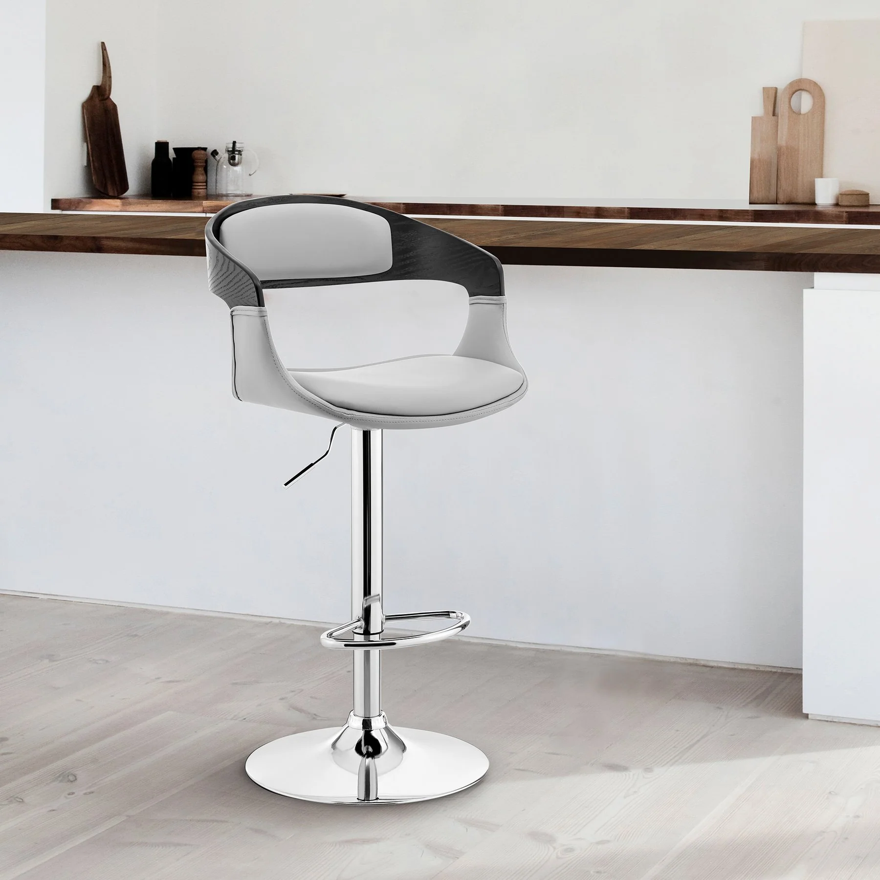 Benson Adjustable Gray Faux Leather and Black Wood Bar Stool with Chrome Base - Image 11