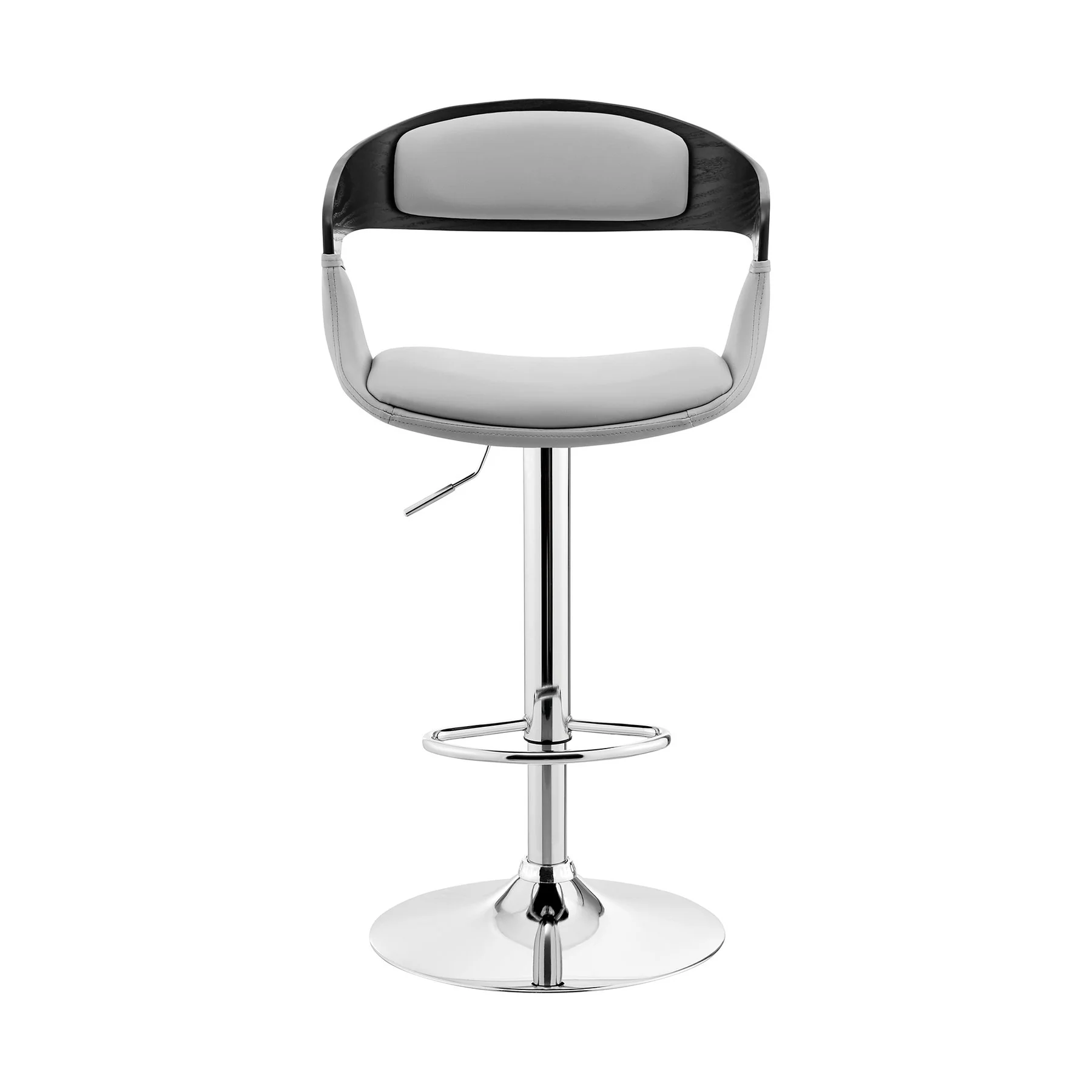Benson Adjustable Gray Faux Leather and Black Wood Bar Stool with Chrome Base - Image 2