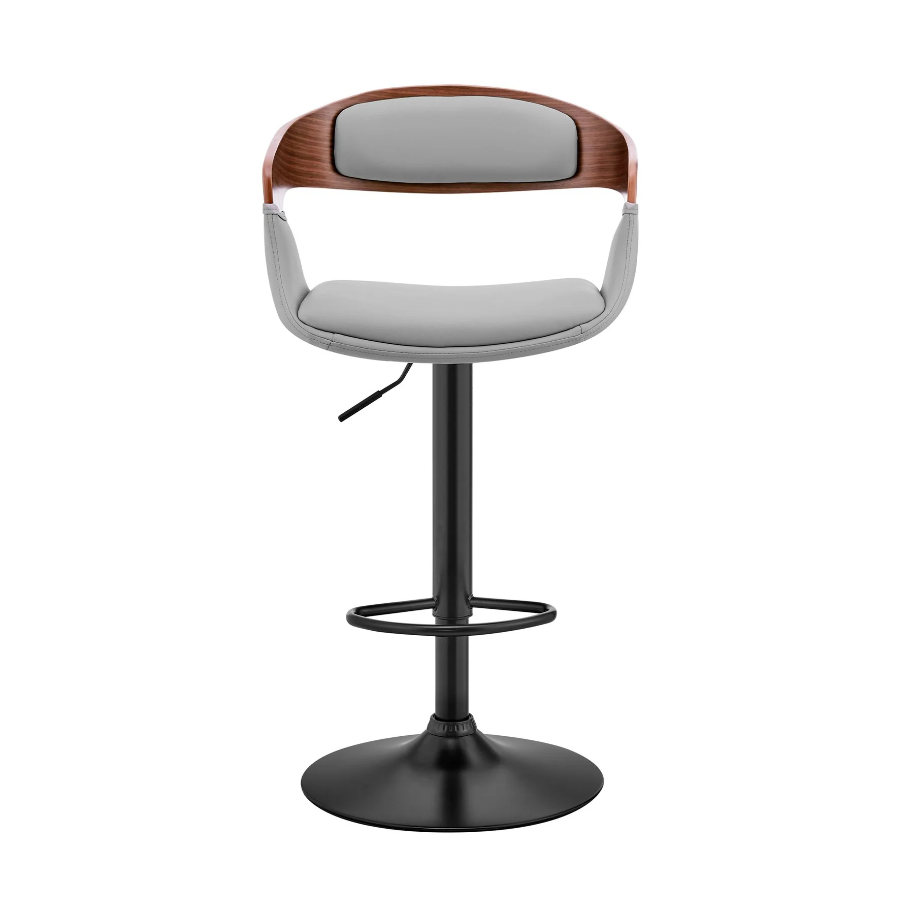Benson Adjustable Gray Faux Leather and Walnut Wood Bar Stool with Black Base - Image 2