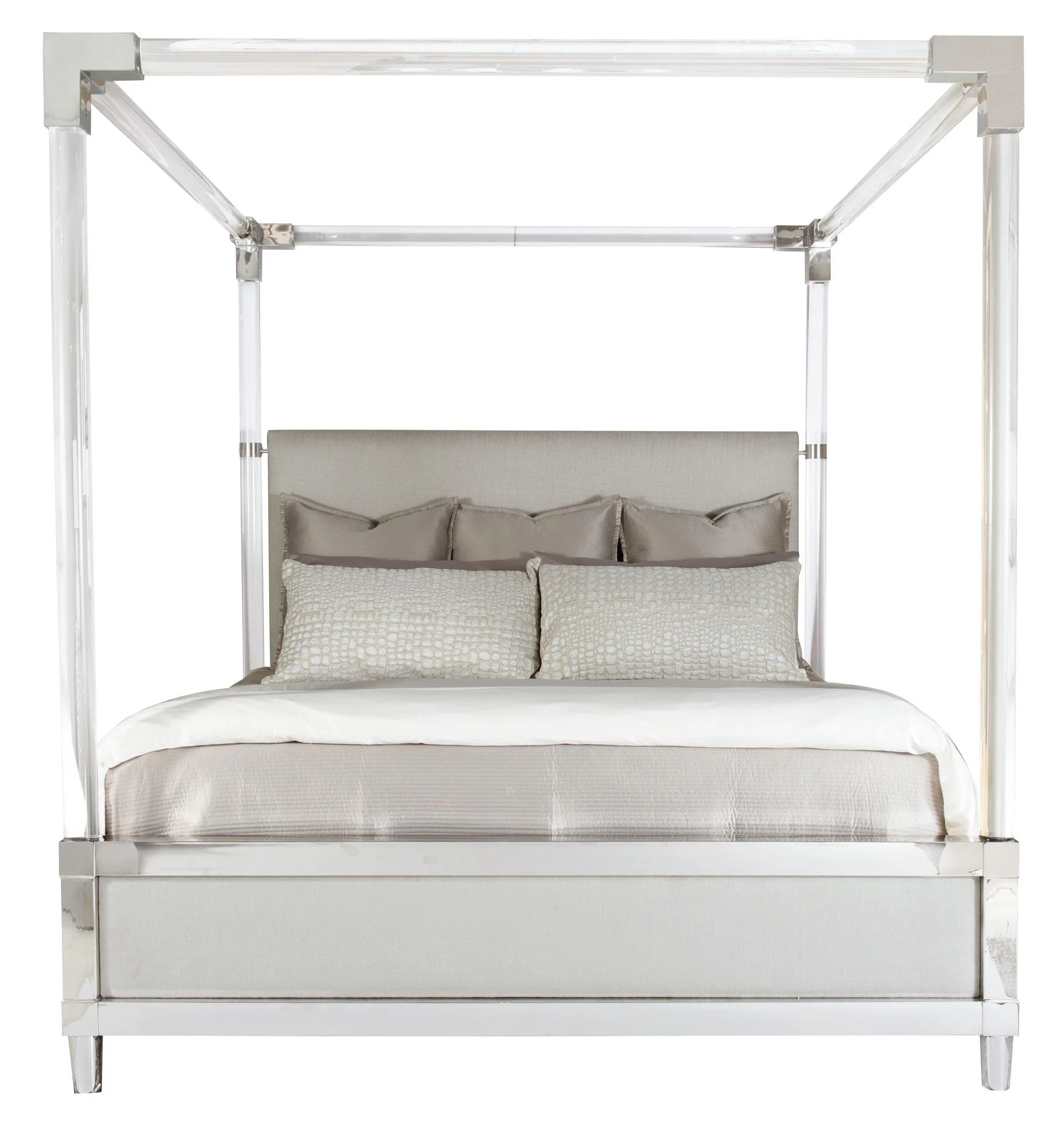 Bernhardt Interiors Rayleigh Acrylic Canopy Upholstered King Bed in Polished Stainless Steel.