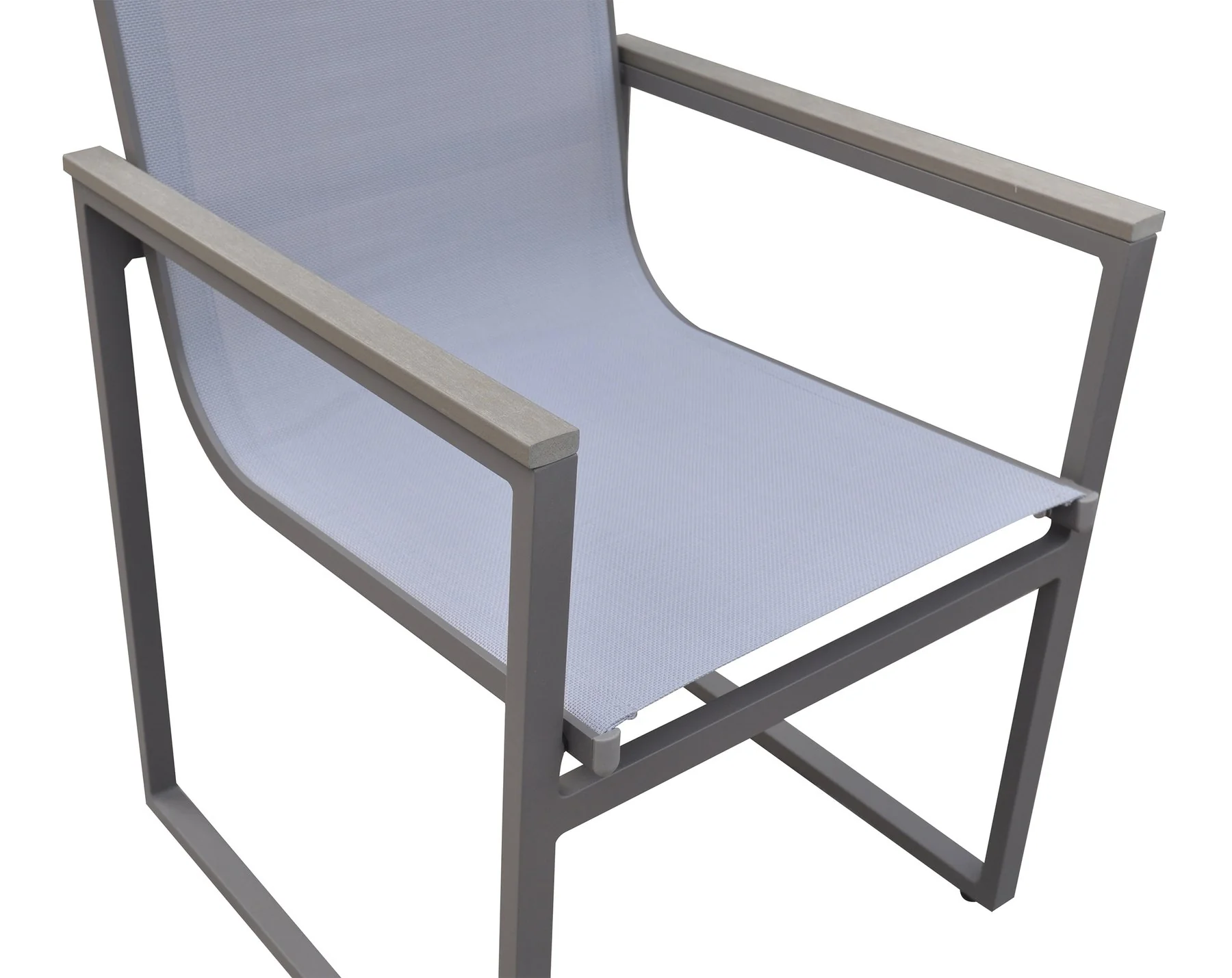 Bistro Outdoor Patio Dining Chair in Gray Powder Coated Finish with Gray Sling Textilene and Gray Wood Accent Arms - Set of 2 - Image 4